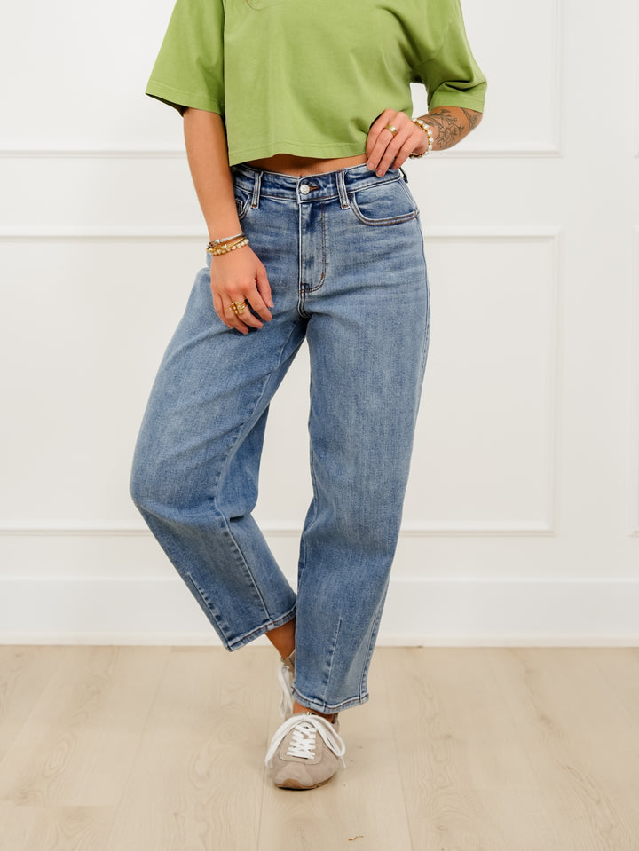 Judy Blue High Rise Medium Wash Barrel Jeans With Front Darts