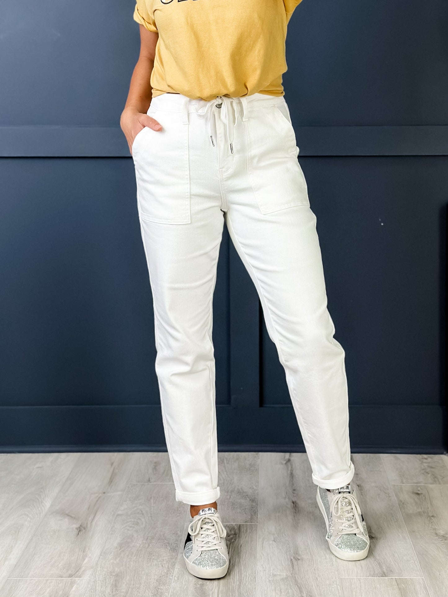 Judy Blue WHITE Airplane Mode High Rise White Cuffed Jogger