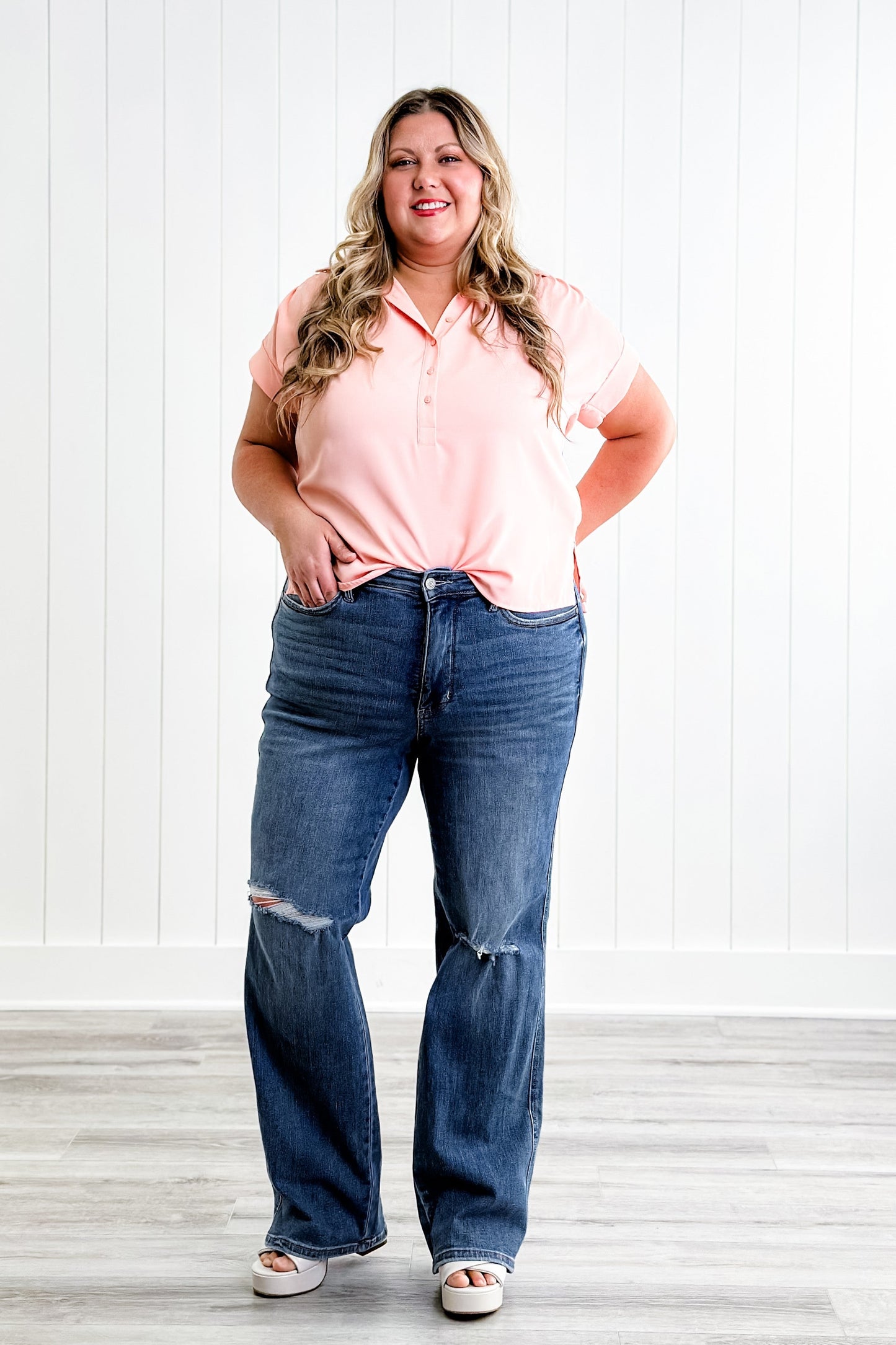 Judy Blue Teen Spirit High Rise Medium Wash Tummy Control Destroyed Knee Straight Leg Jeans