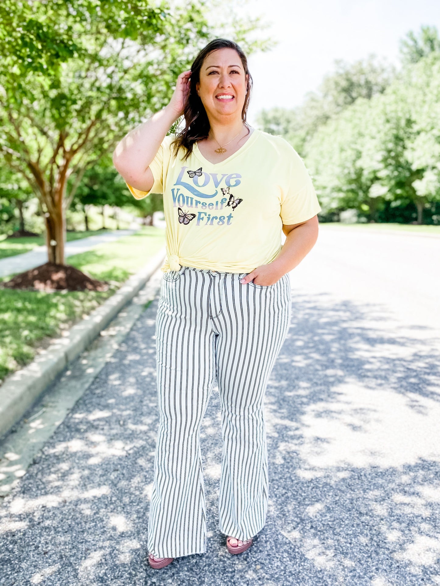 Judy Blue Long Inseam White Pinstripe Super Flare Jeans