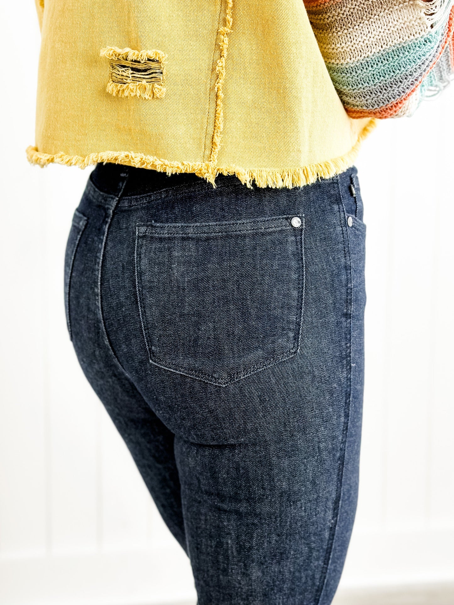 Judy Blue Starry Night High Rise Dark Wash Tummy Control Top Raw Hem Jeans