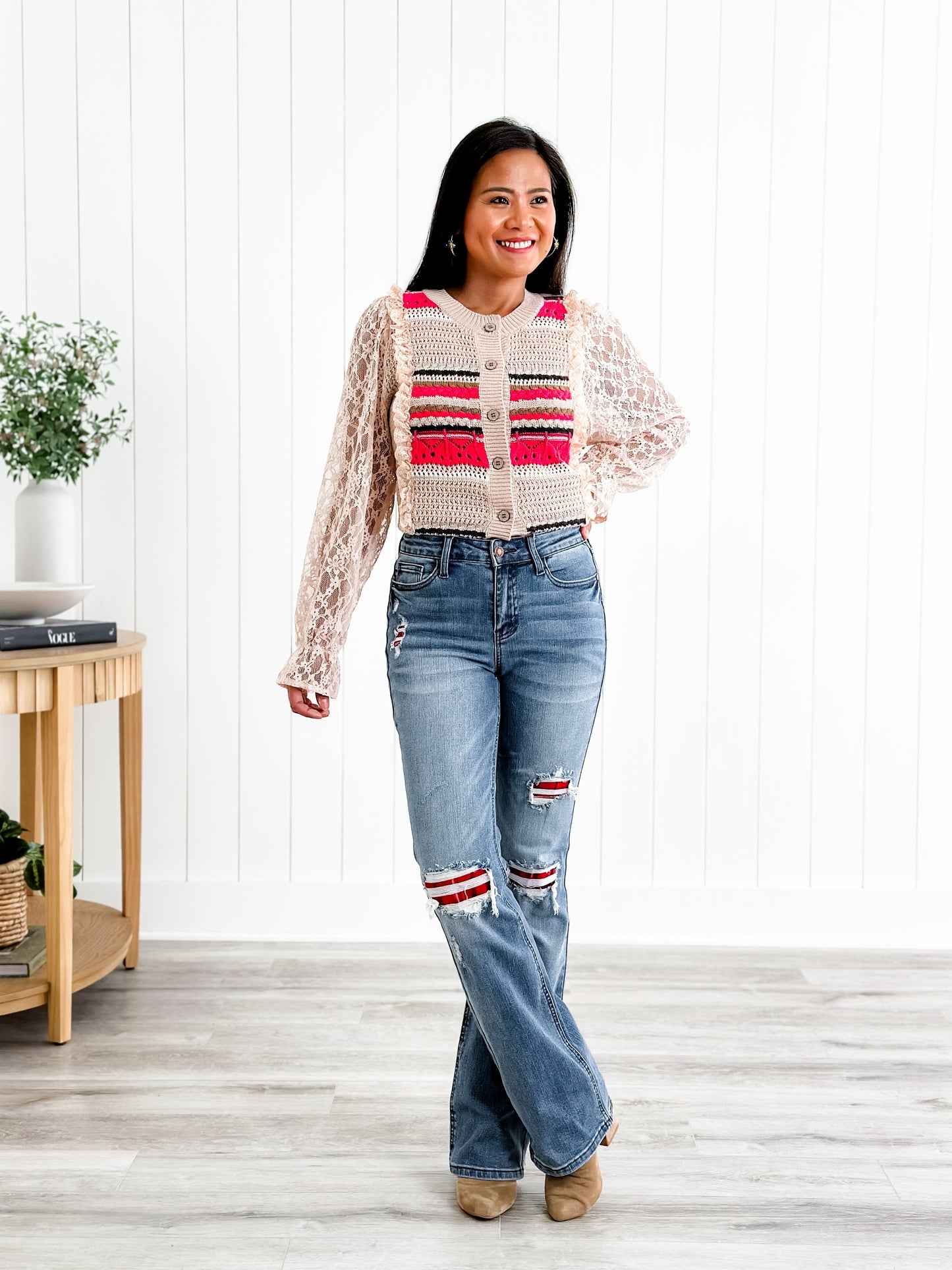 Judy Blue Plaid for You Mid Rise Medium Wash Bootcut Jeans With Patch Detail