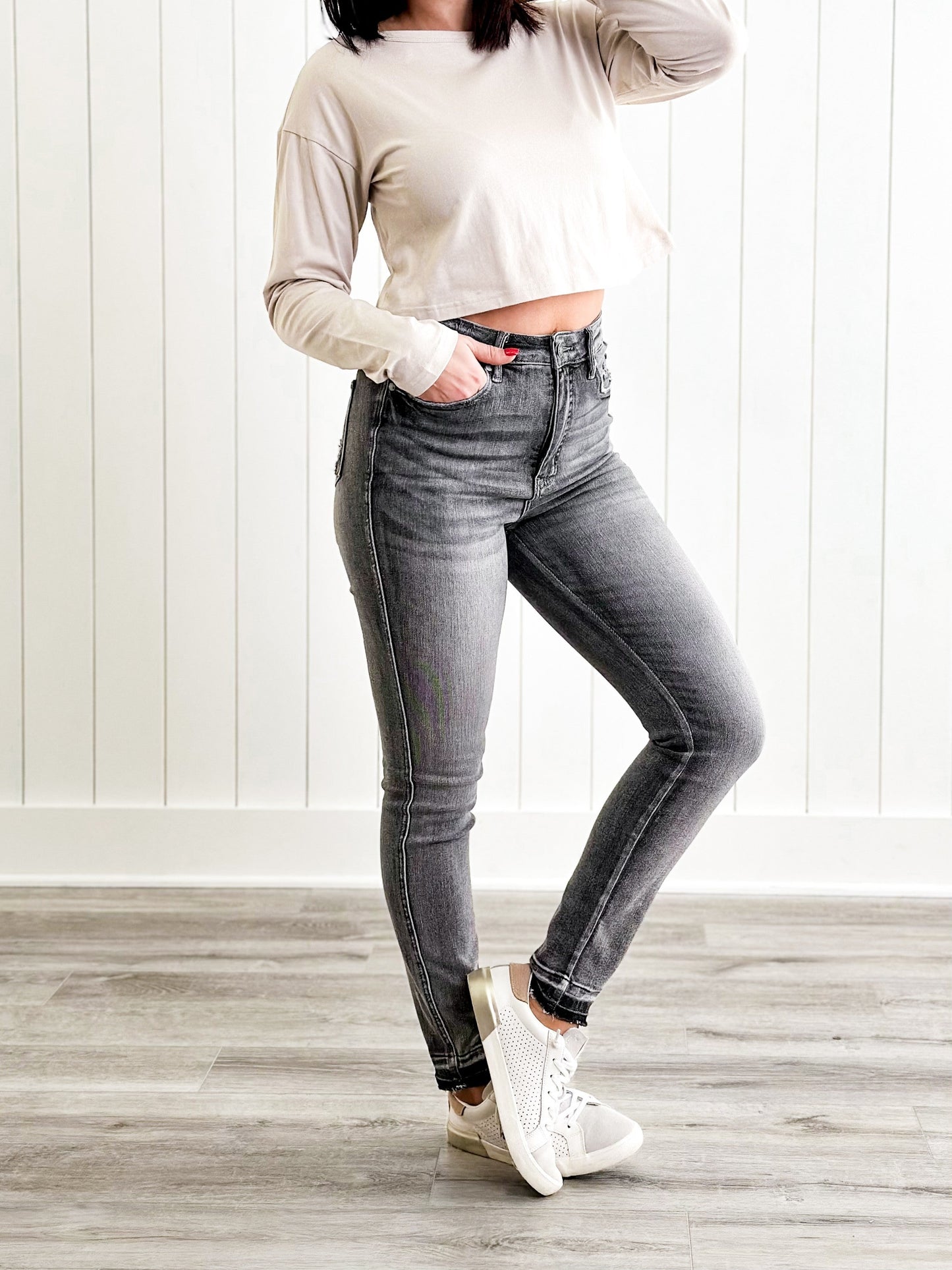 Judy Blue 50 Shades of Grey High Rise Grey Wash Tummy Control Skinny Jeans With Release Hem