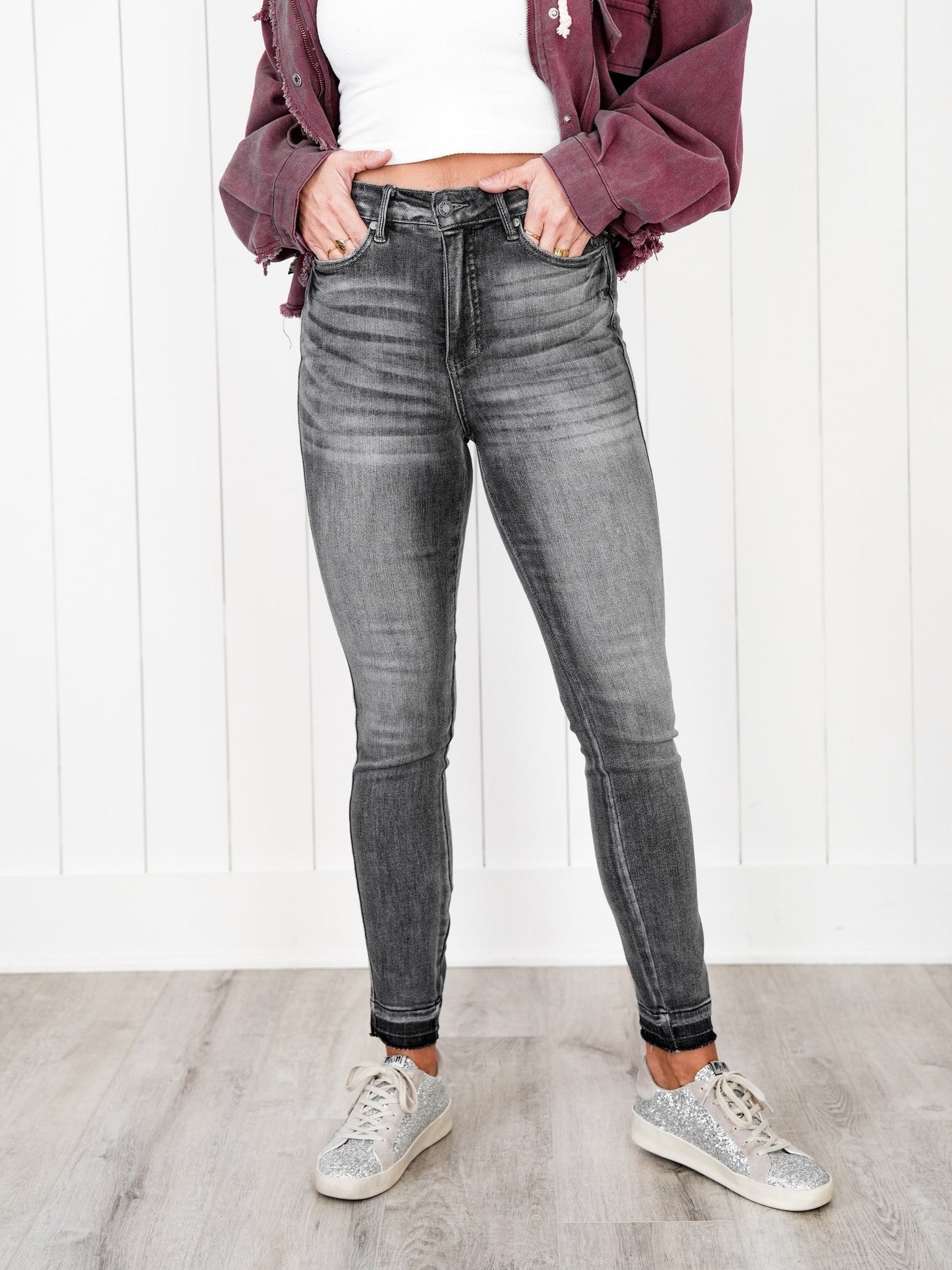 Judy Blue 50 Shades of Grey High Rise Grey Wash Tummy Control Skinny Jeans With Release Hem