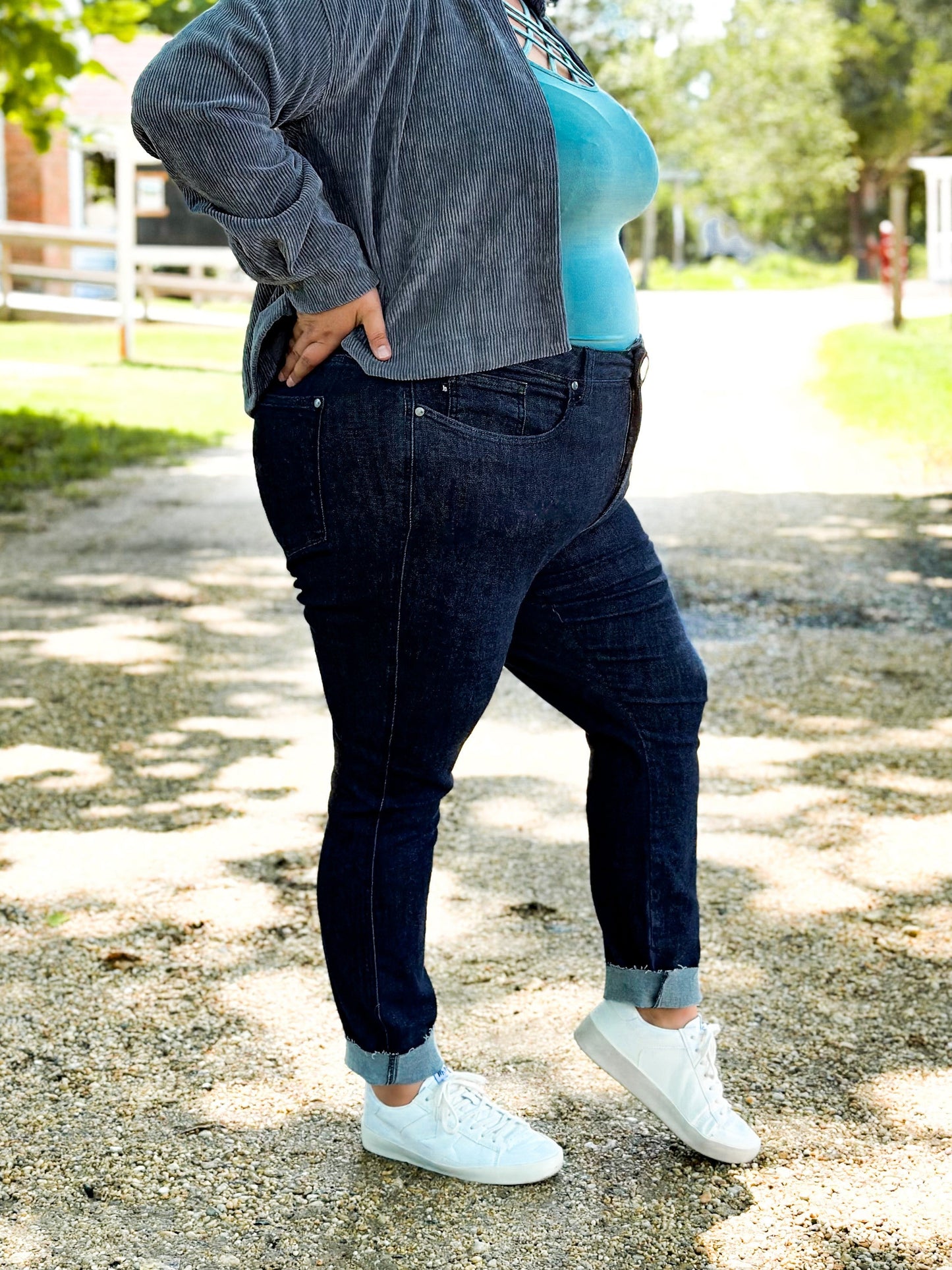Judy Blue Starry Night High Rise Dark Wash Tummy Control Top Raw Hem Jeans