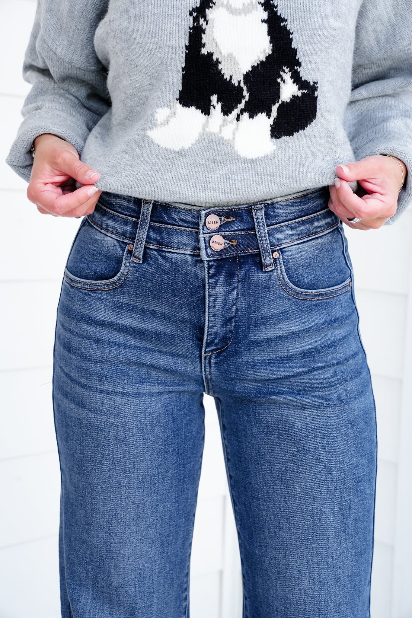 Restock! Risen Material Girl High Rise Medium Wash Tummy Control Double Button Elastic Waistband Jeans