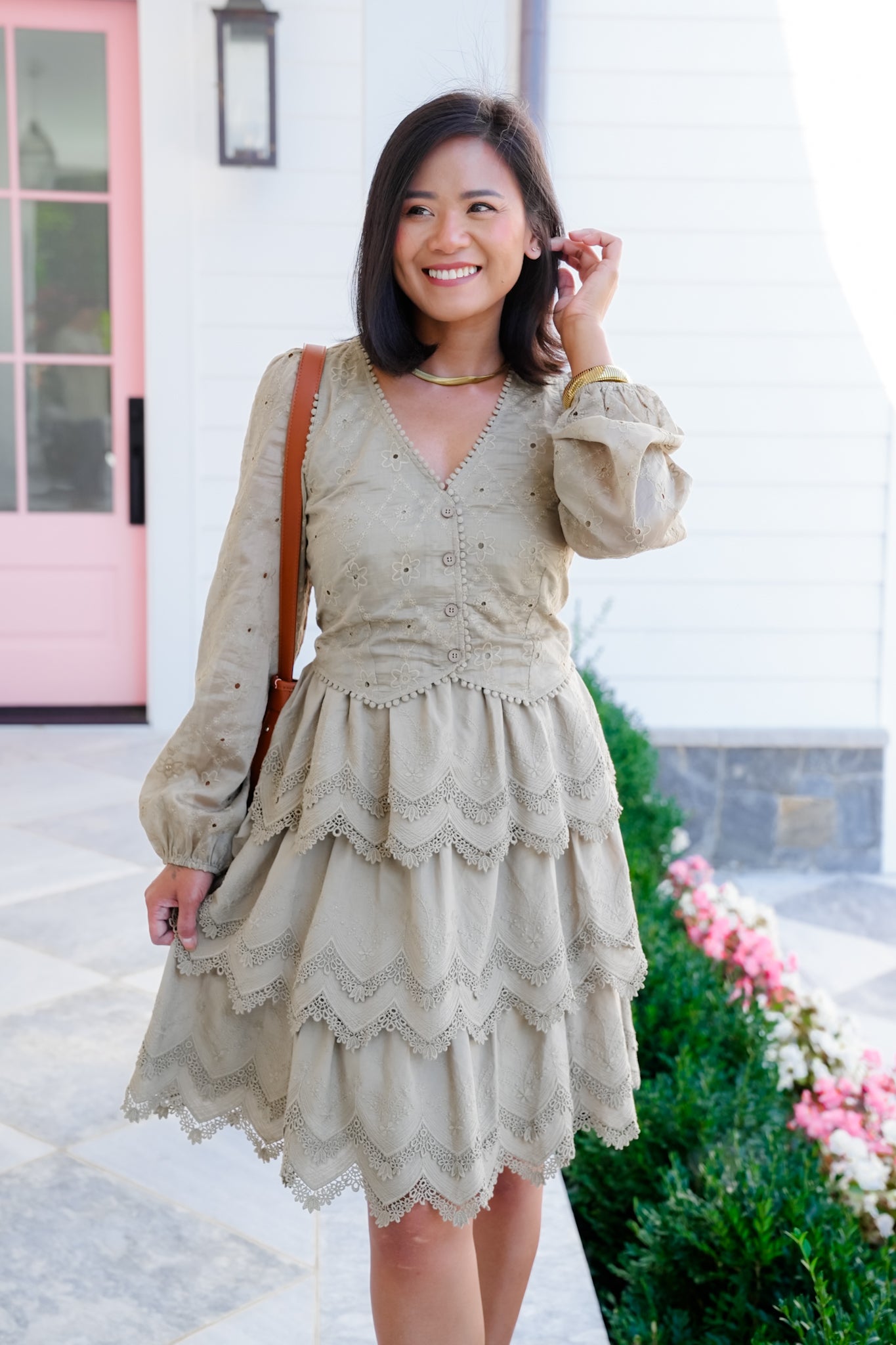Embroidered Lace Long Sleeve Tiered Dress