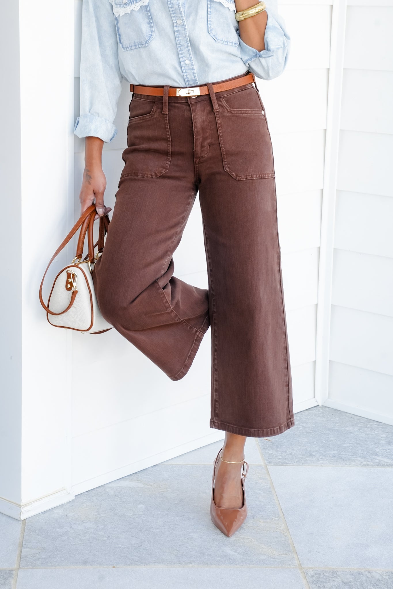Judy Blue Mid Rise Brown Wide Leg Cropped Jeans with Utility Pockets