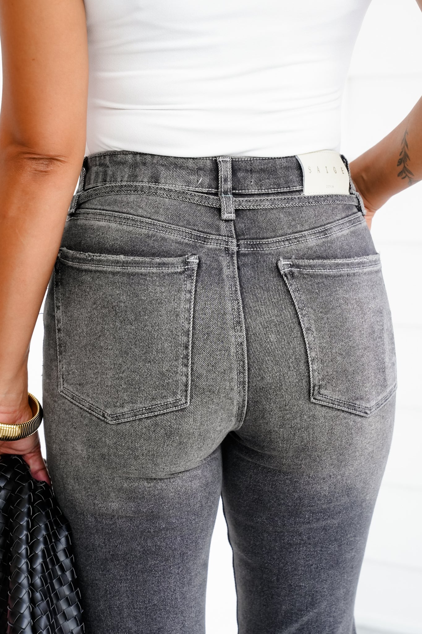 Saige High Rise Gray Tummy Control Relaxed Straight Leg Jeans with Belt