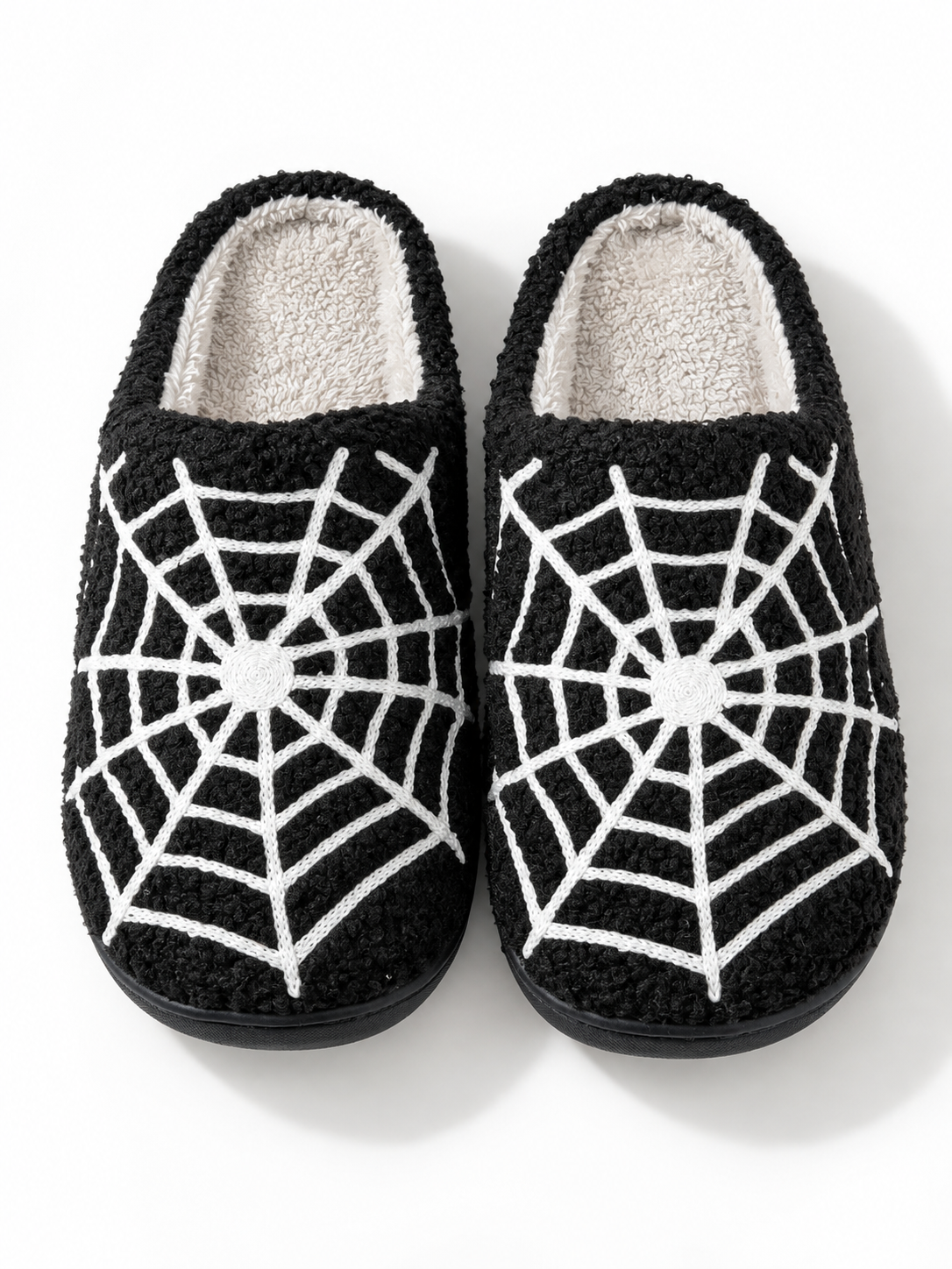 Plush Spiderweb Embroidered Slippers