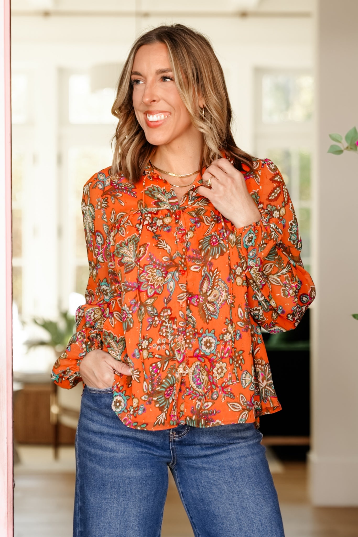Floral Long Sleeve Button Down Blouse