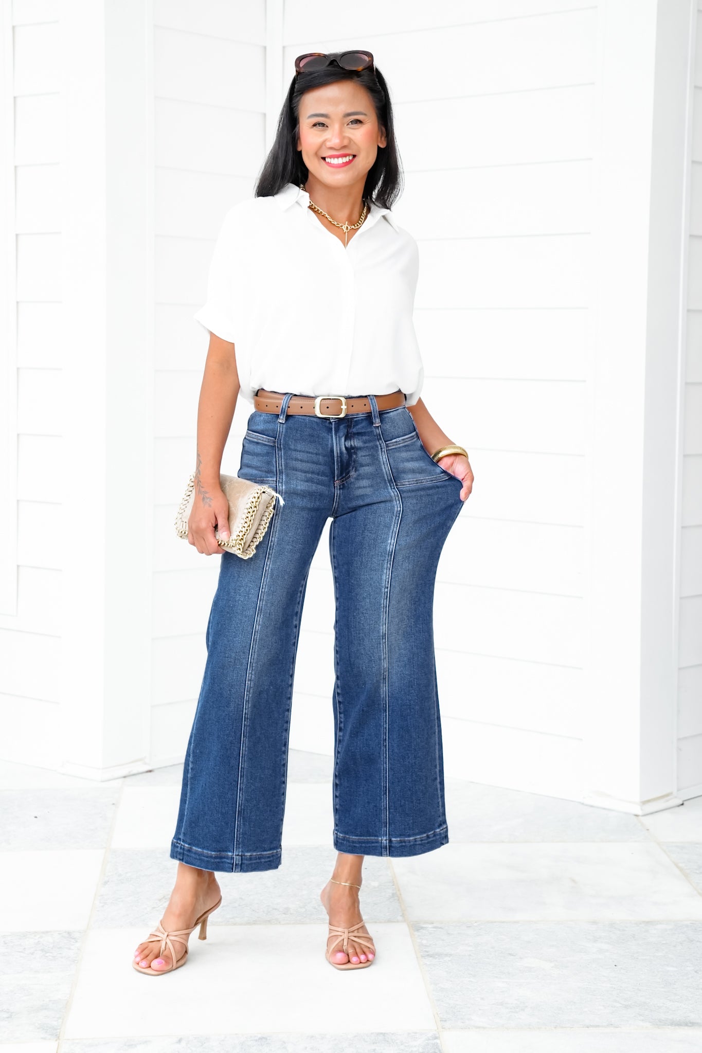 Risen Mid Rise Dark Wash Cropped Wide Leg Jeans with Front Patch Pockets