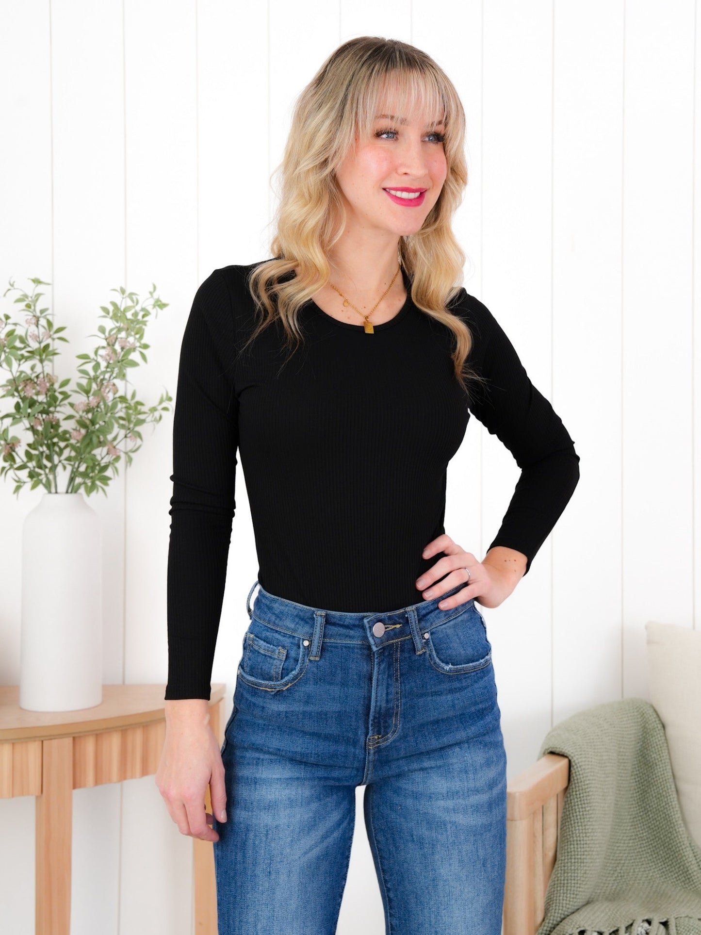 Plus/Reg Ribbed Knit Long Sleeve Bodysuit (Multiple Colors)