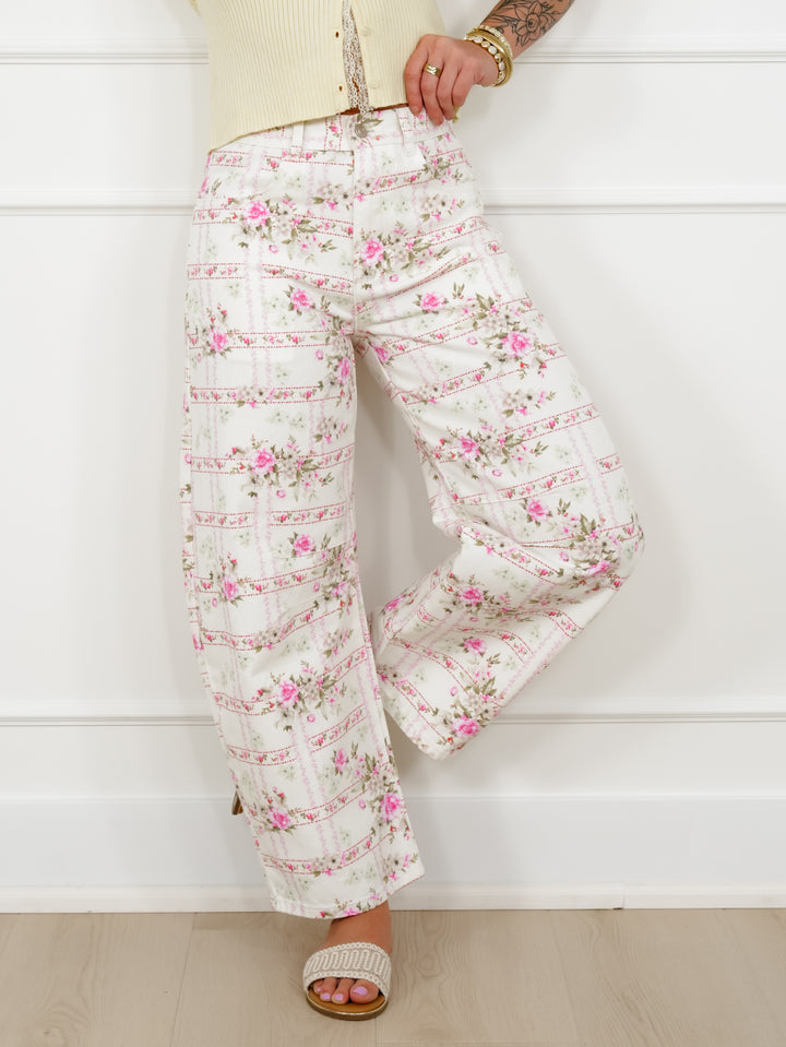 Floral Stripe Print Mid Rise Barrel Pants