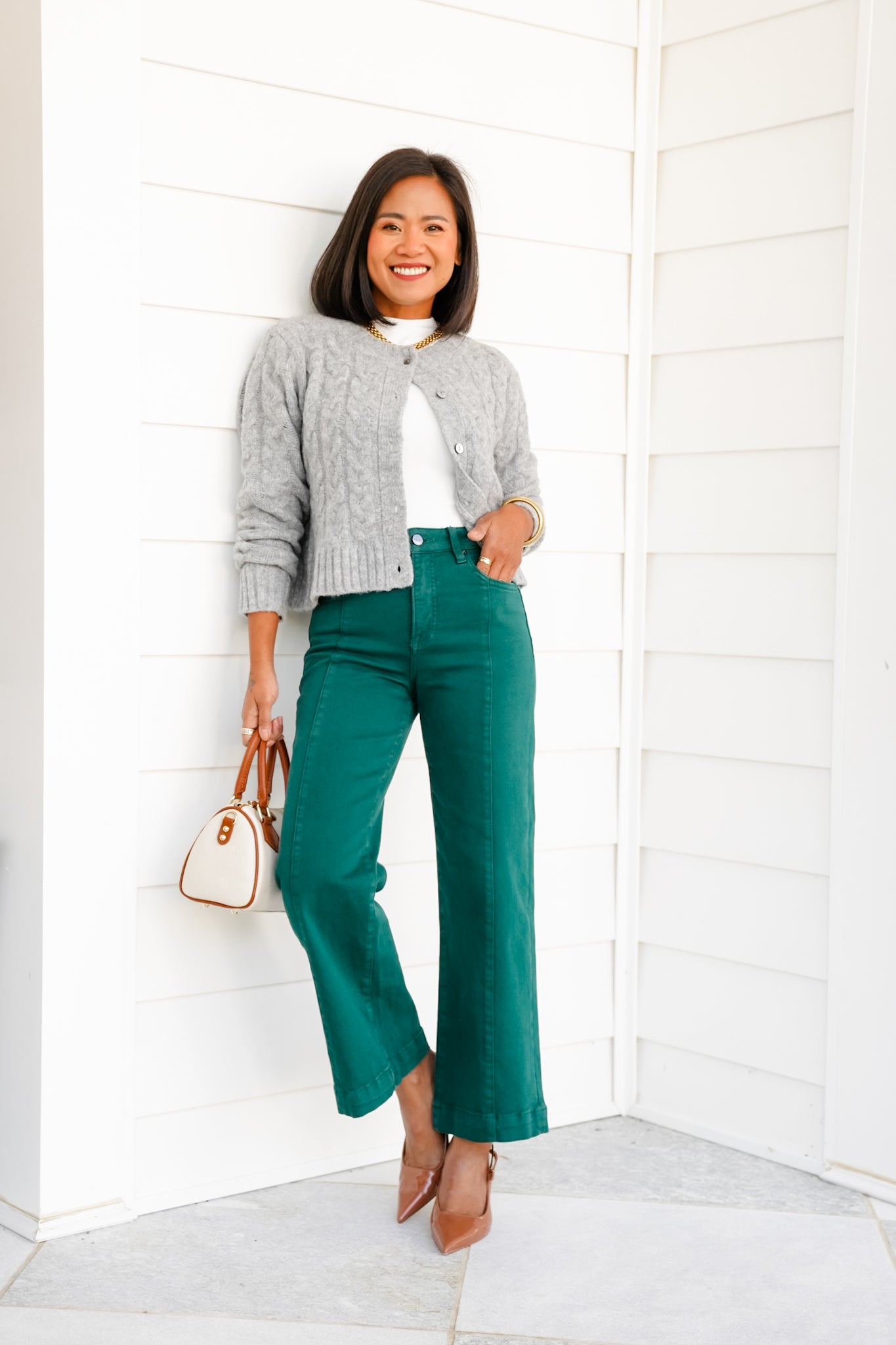 Risen High Rise Green Cropped Wide Leg Jeans