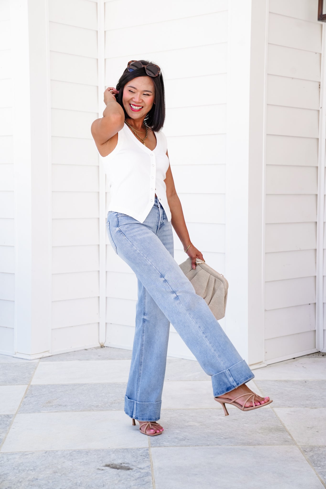 Risen High Rise Light Wash Tummy Control Cuffed Wide Leg Jeans