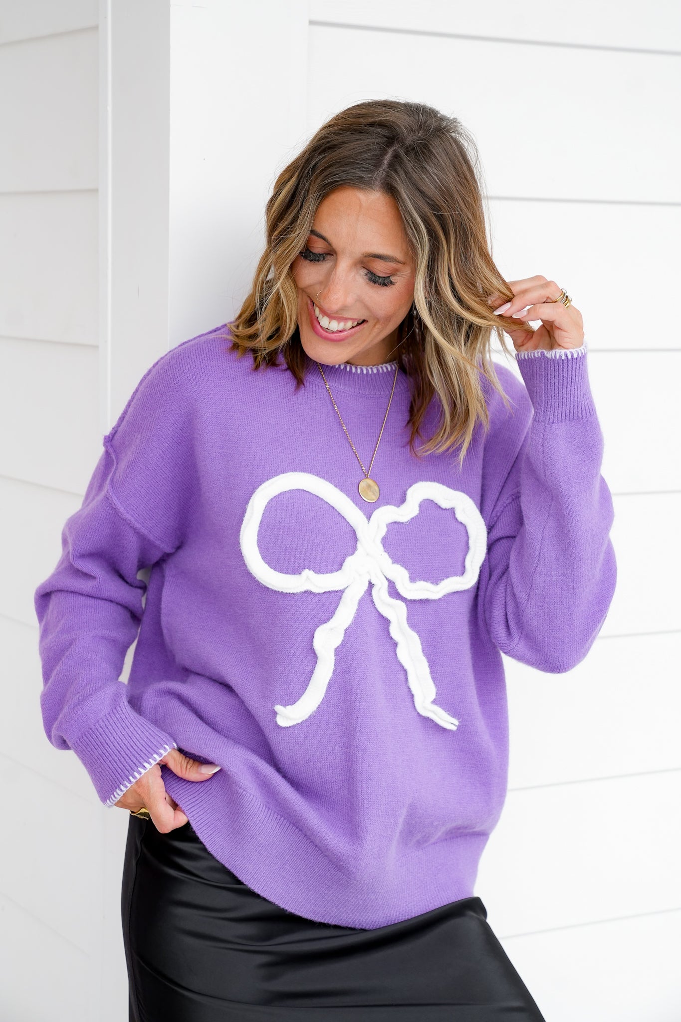 Knit Long Sleeve Crew Neck Sweater with Bow Detail