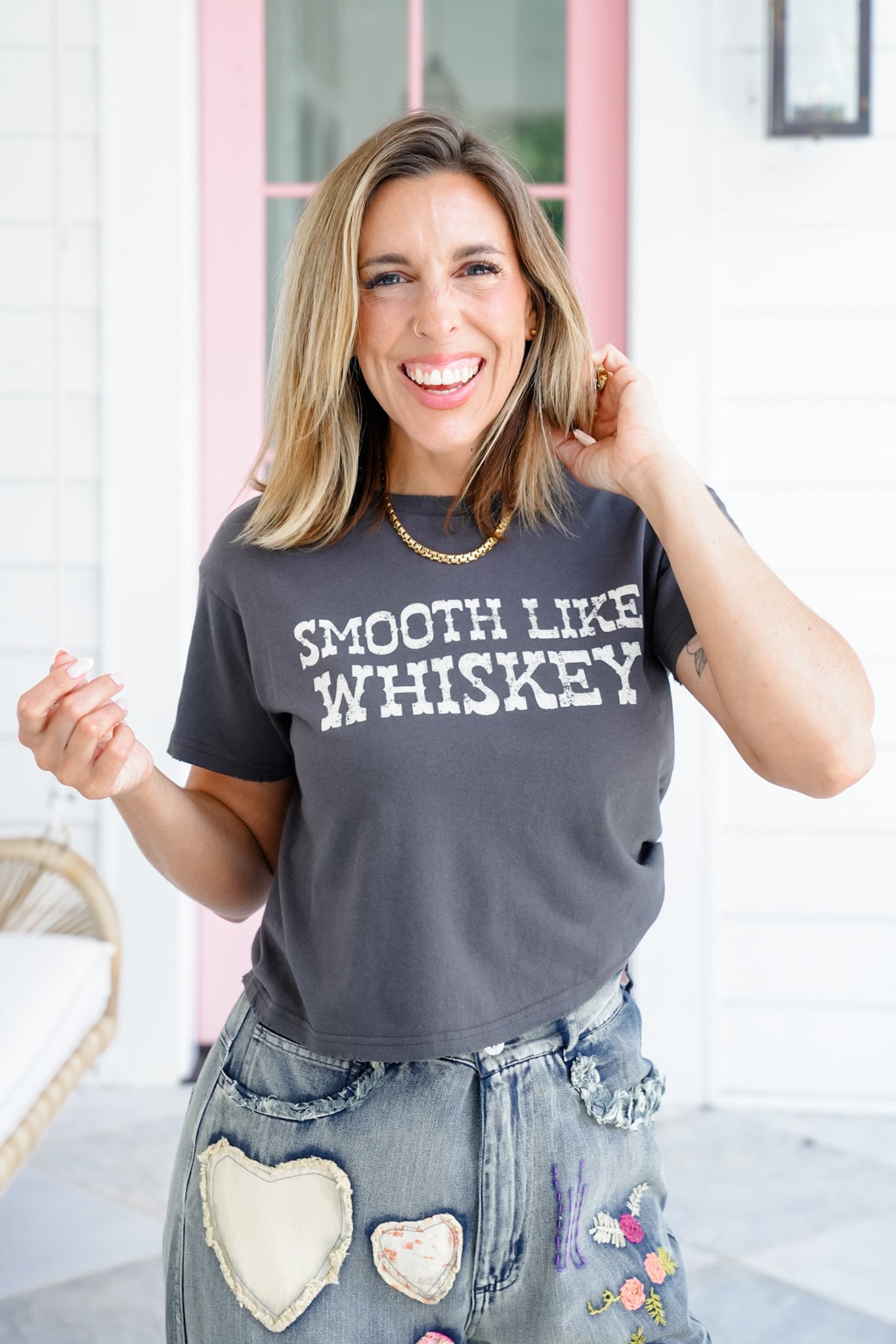 Short Sleeve "Smooth Like Whiskey" Graphic Crop Tee