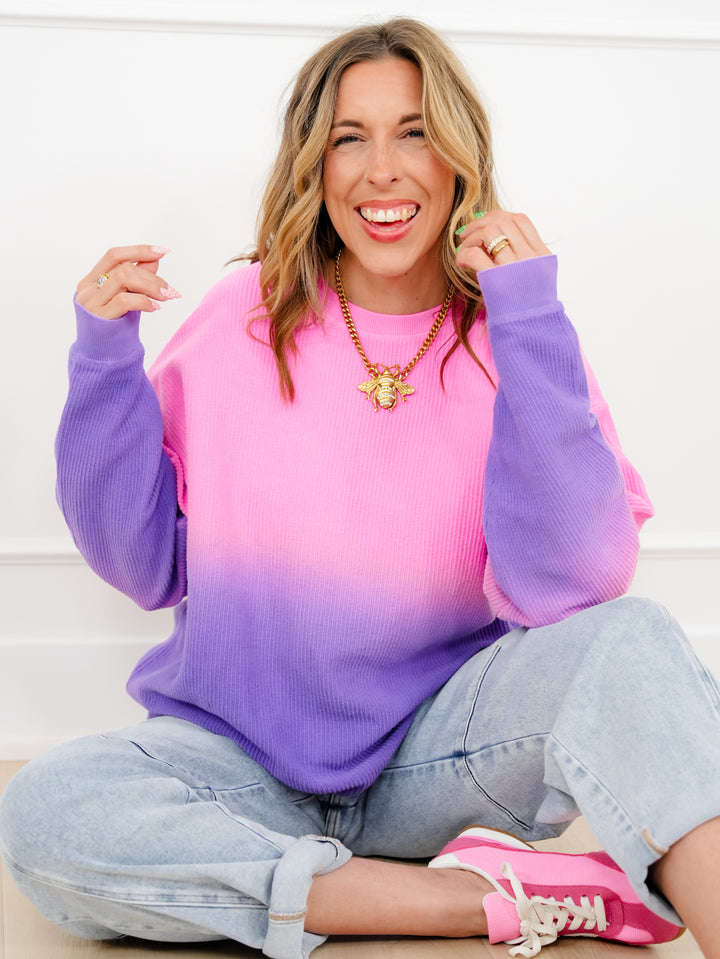 Plus/Reg Dip Dyed Corded Long Sleeve Pullover Top