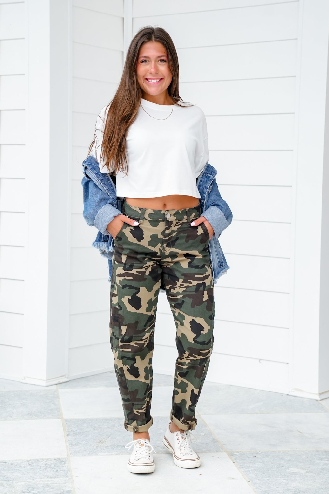 Risen High Rise Camo Ankle Barrel Pants with Double Cuff