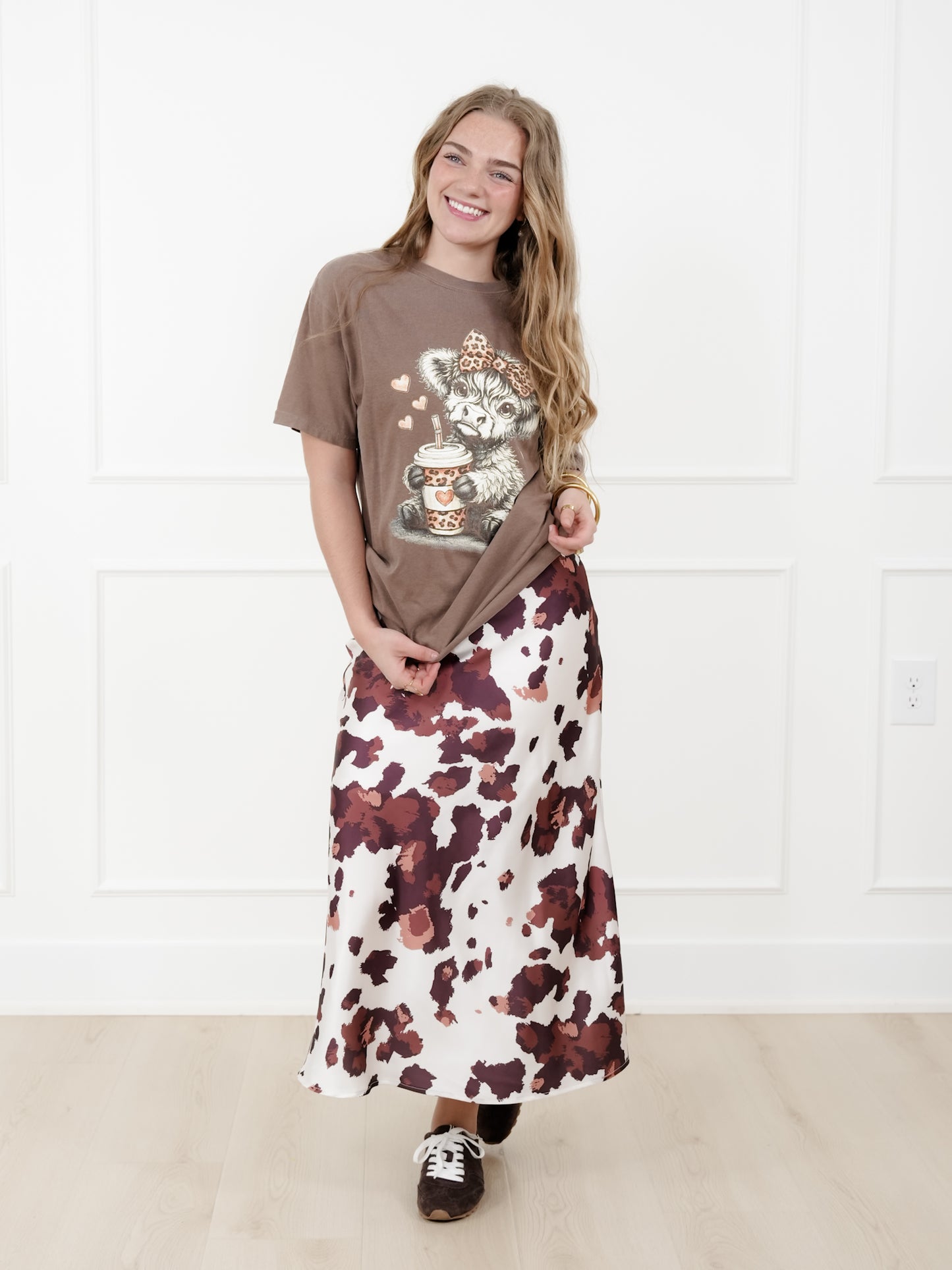 Plus/Reg Satin Cow Print Midi Skirt