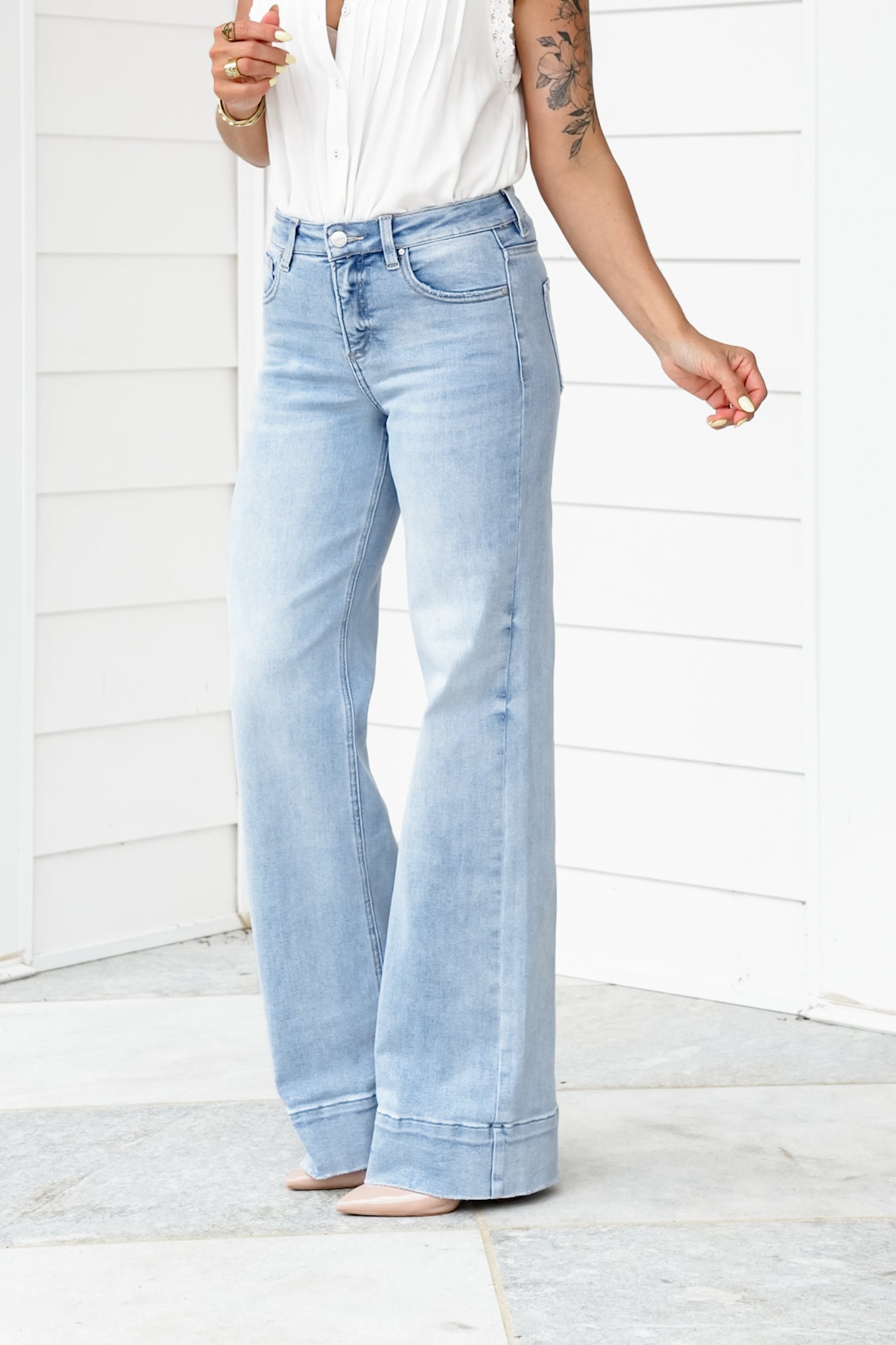 Risen High Rise Light Wash Tummy Control Cuffed Wide Leg Jeans