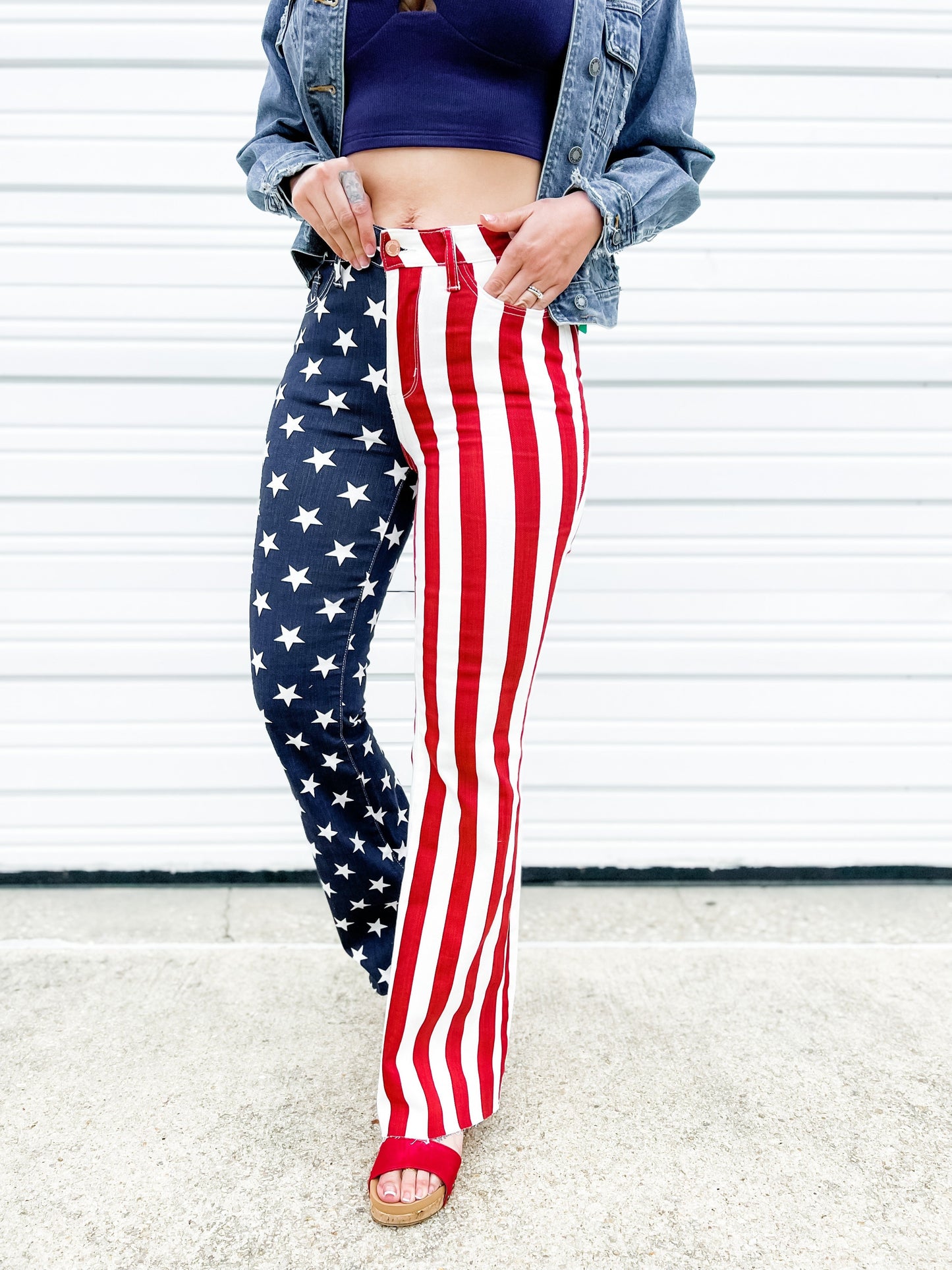 Judy Blue High Rise Stars and Stripes Print Raw Hem Flare Jeans