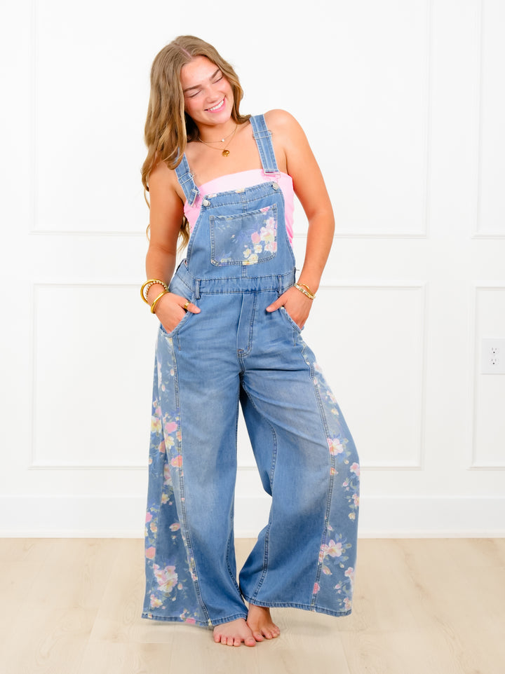 Plus/Reg Light Wash Wide Leg Overalls with Floral Print