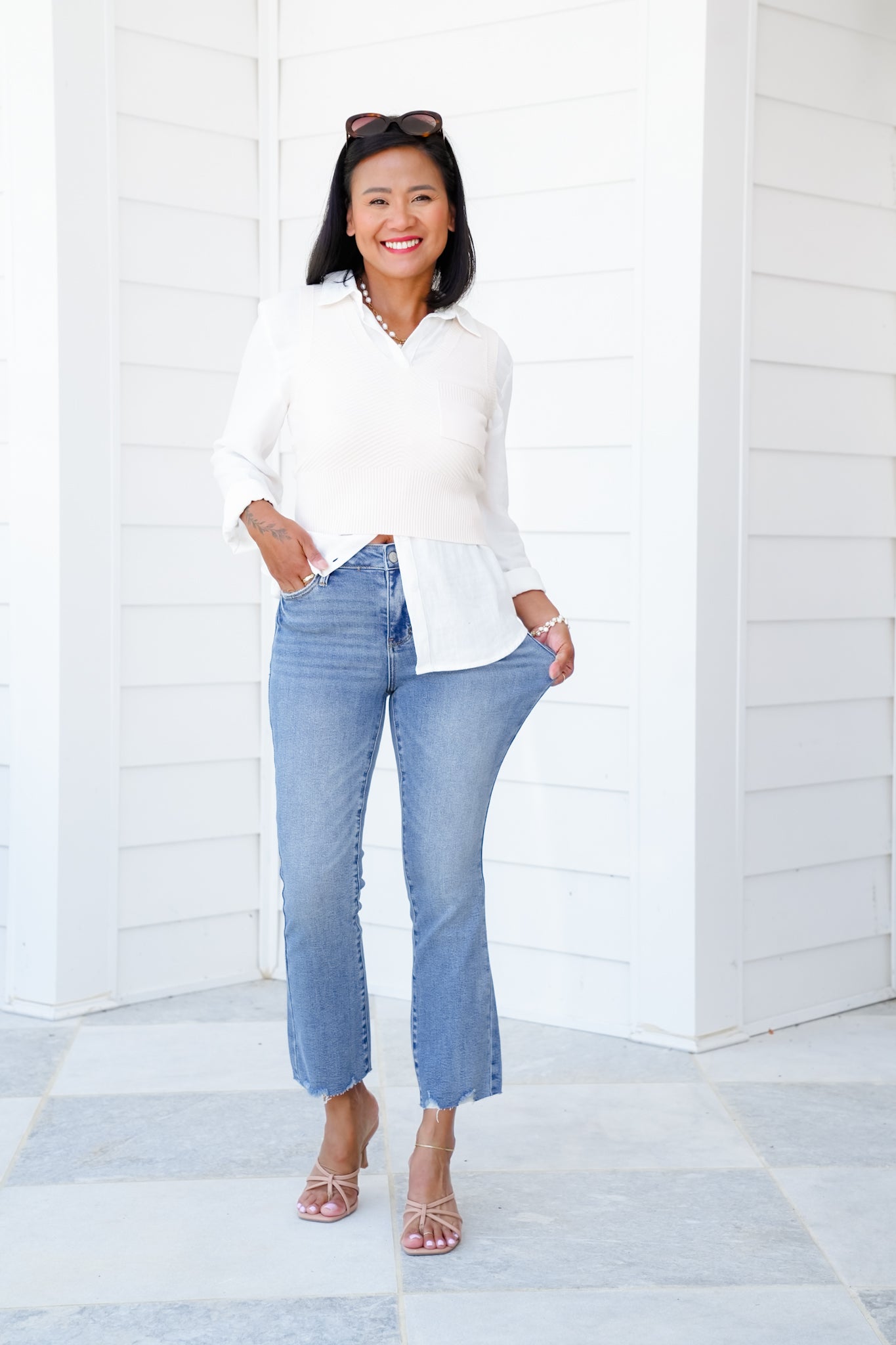 Judy Blue The Montauk Crop Mid-Rise Medium Wash Distressed Hem Kick Flare Jeans