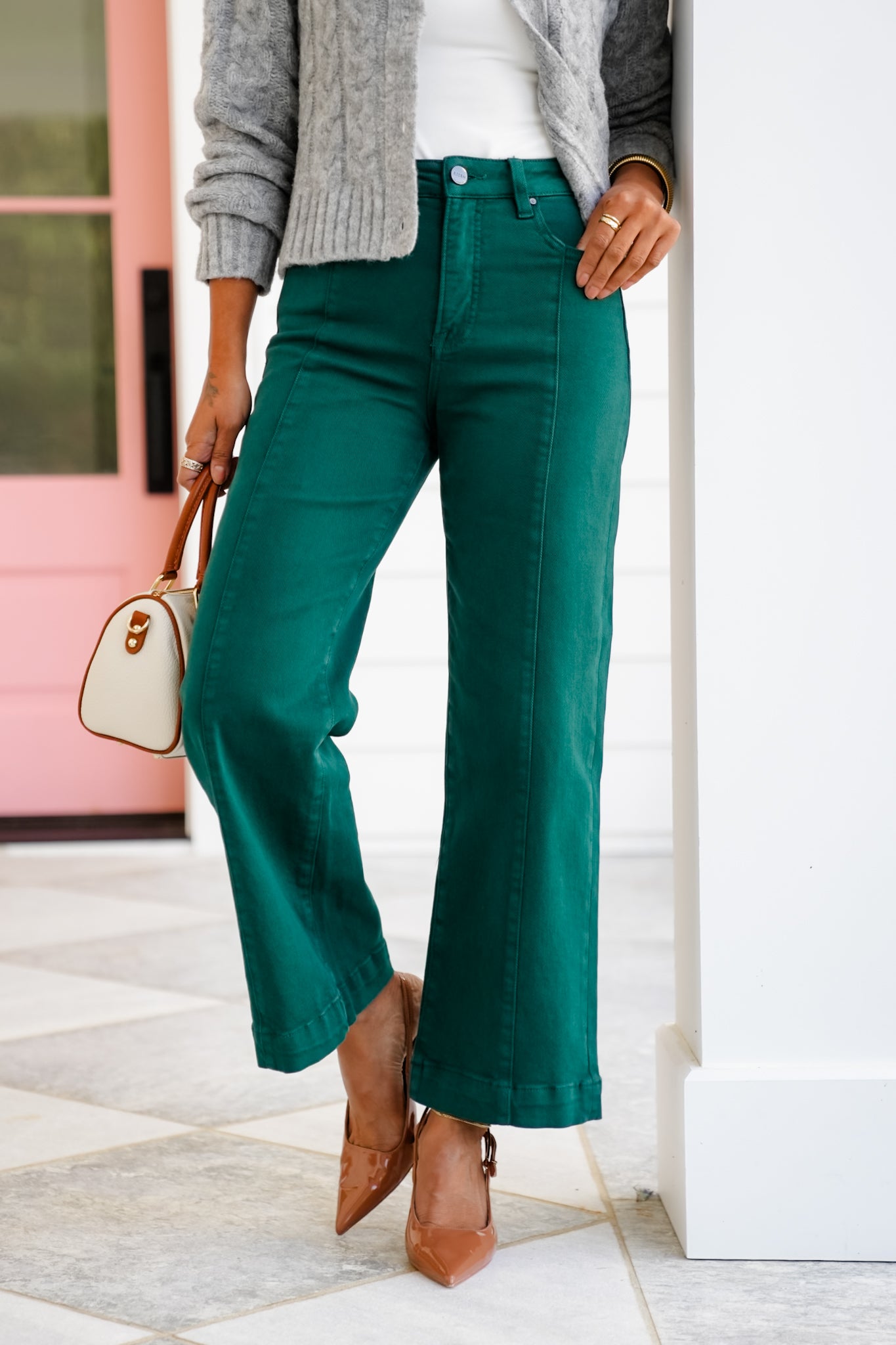 Risen High Rise Green Cropped Wide Leg Jeans