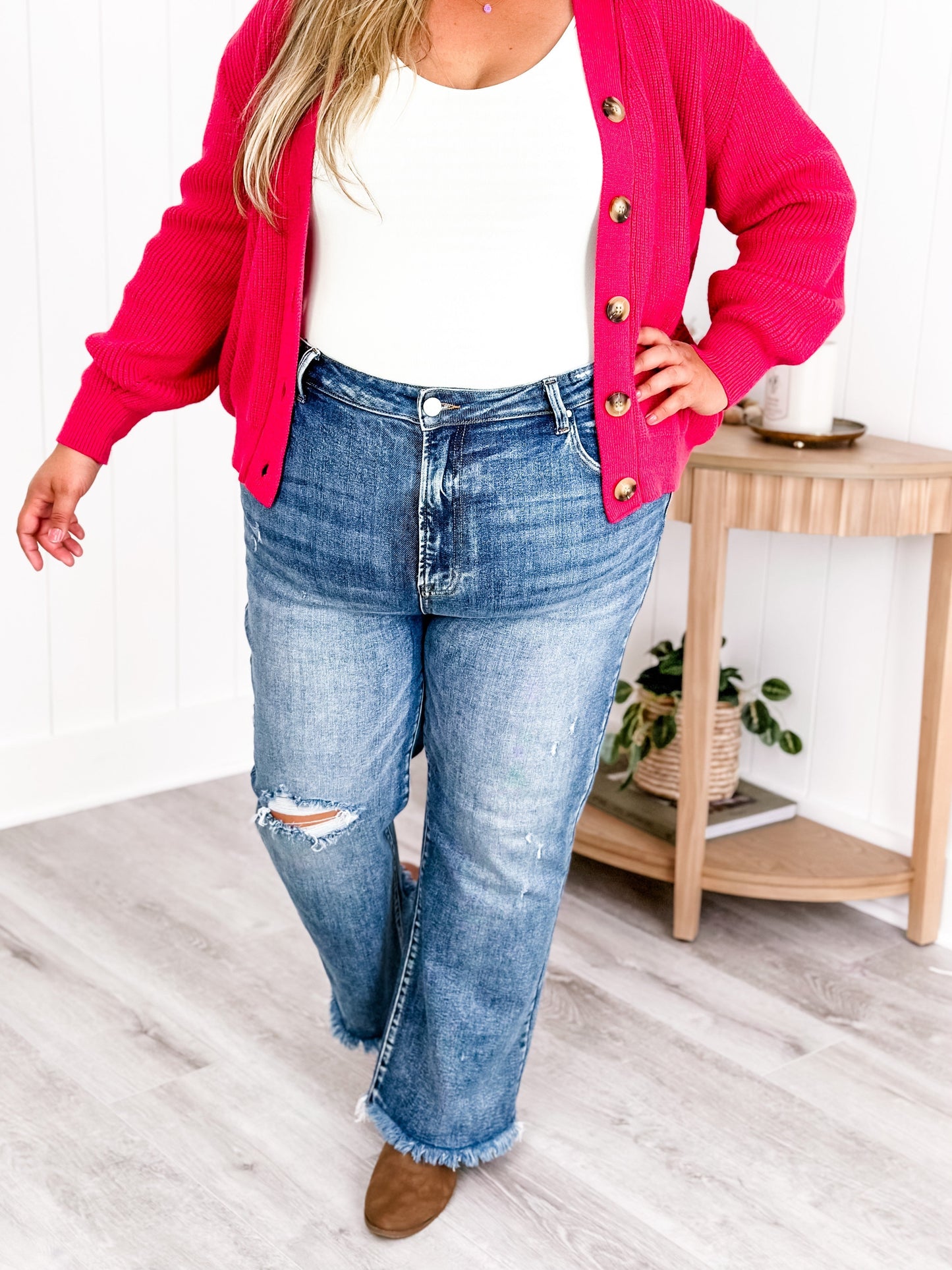 Risen Weekend Living High Rise Dark Wash Distressed Crop Kick Flare