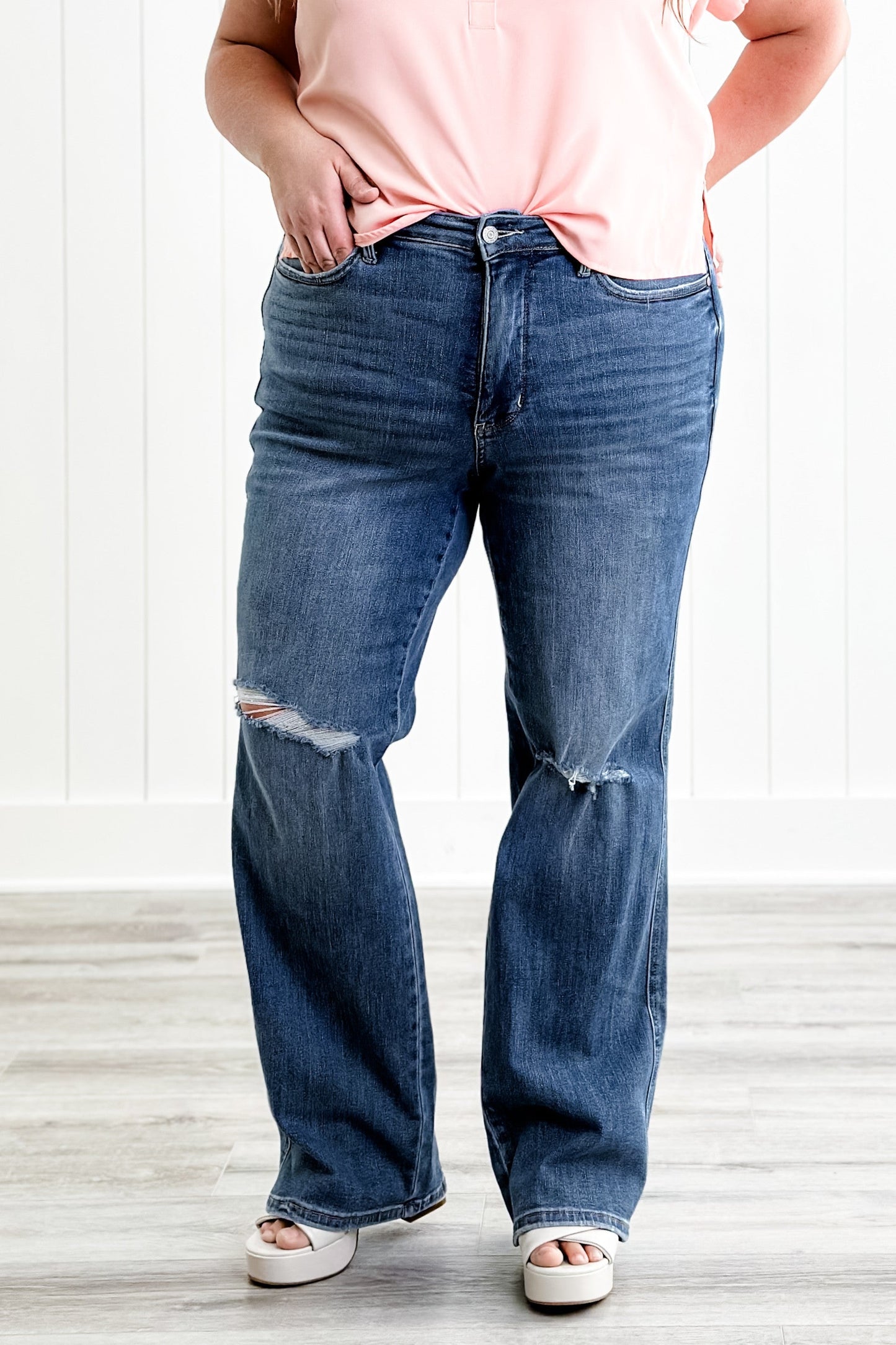 Judy Blue Teen Spirit High Rise Medium Wash Tummy Control Destroyed Knee Straight Leg Jeans