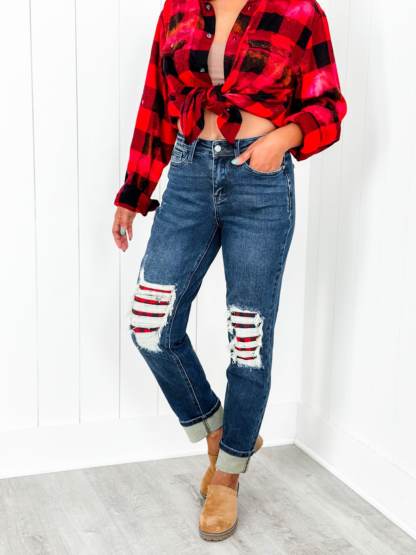 Judy Blue Warm and Cozy Mid Rise Dark Wash Boyfriend Buffalo Plaid Knee Destroy Patches With Cuff Jeans