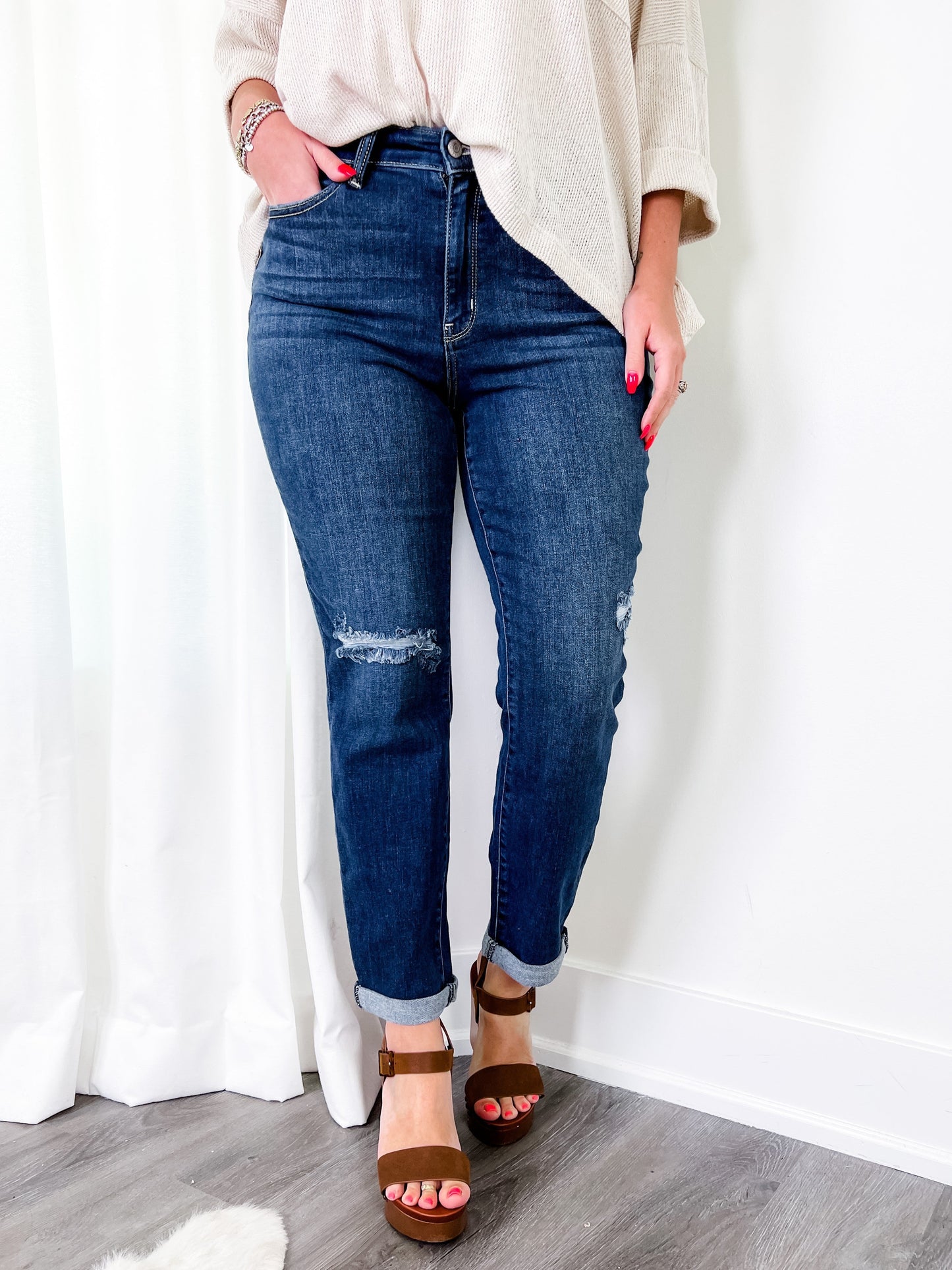 Judy Blue Casual Friday High Rise Cuffed Boyfriend Distressed Jeans