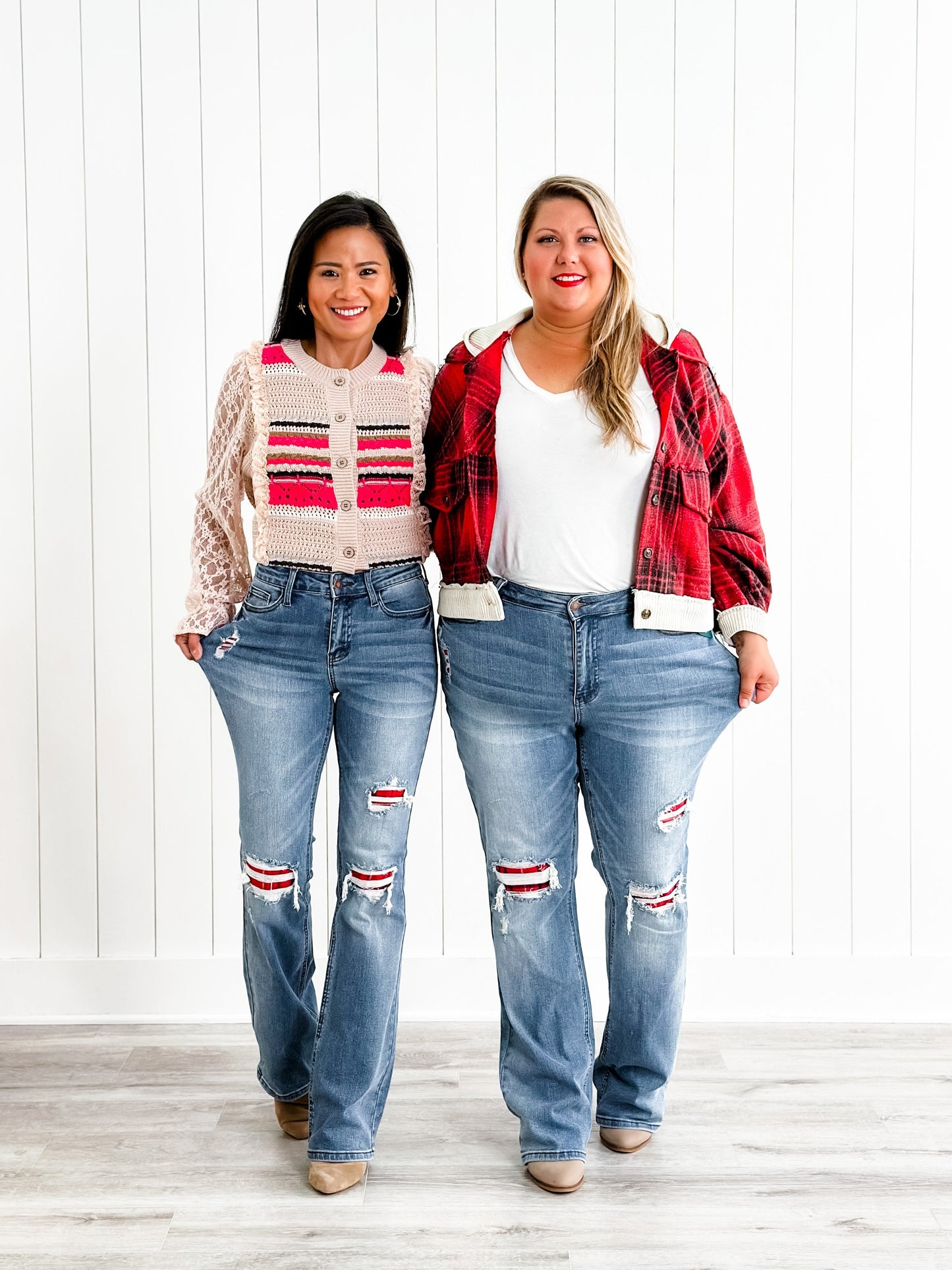 Judy Blue Plaid for You Mid Rise Medium Wash Bootcut Jeans With Patch Detail