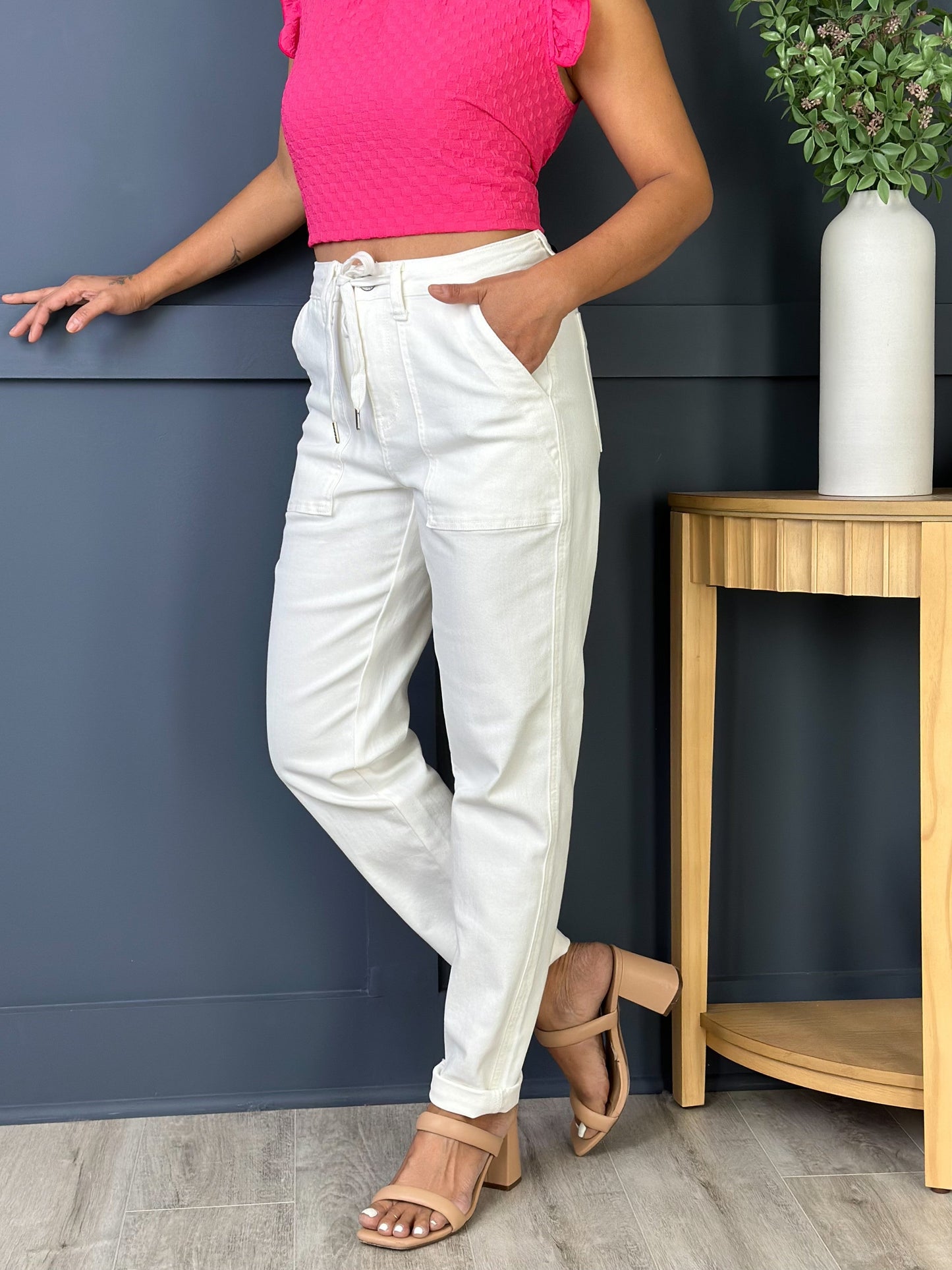 Judy Blue WHITE Airplane Mode High Rise White Cuffed Jogger