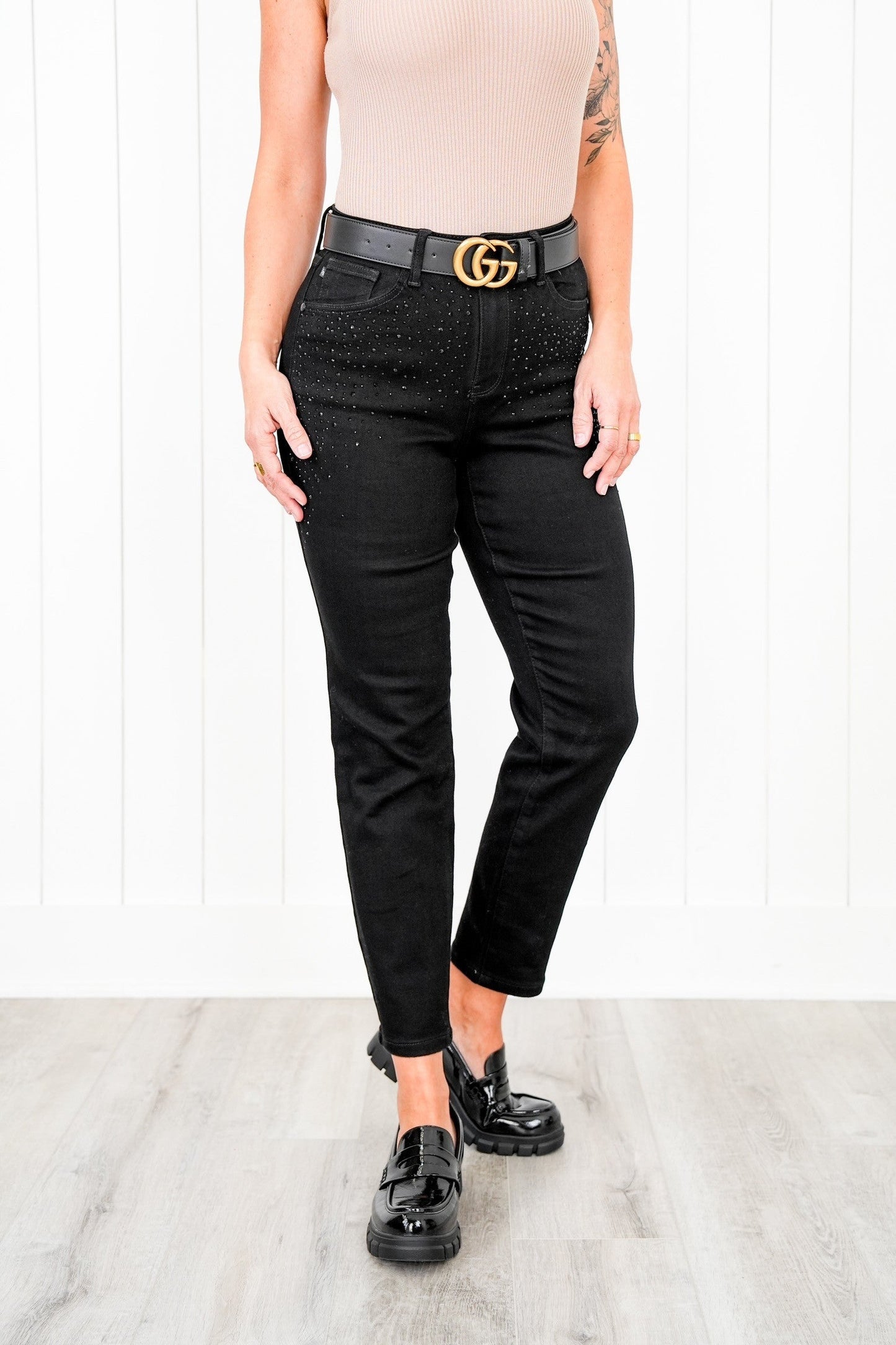 Judy Blue Frost Yourself High Rise Black Rhinestone Embellished Slim Jeans