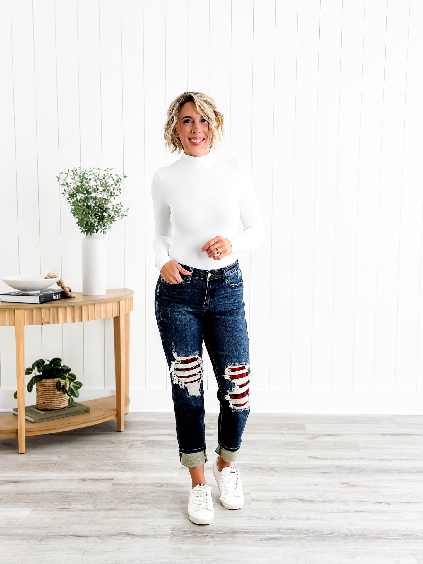 Judy Blue Warm and Cozy Mid Rise Dark Wash Boyfriend Buffalo Plaid Knee Destroy Patches With Cuff Jeans
