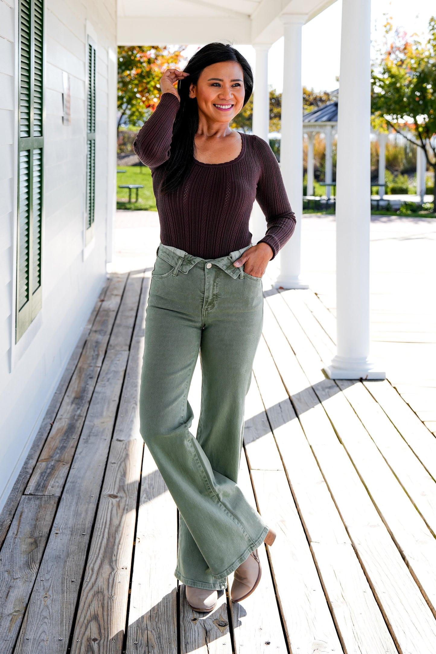Risen Mid Rise Olive Flap Slim Wide Leg Jeans