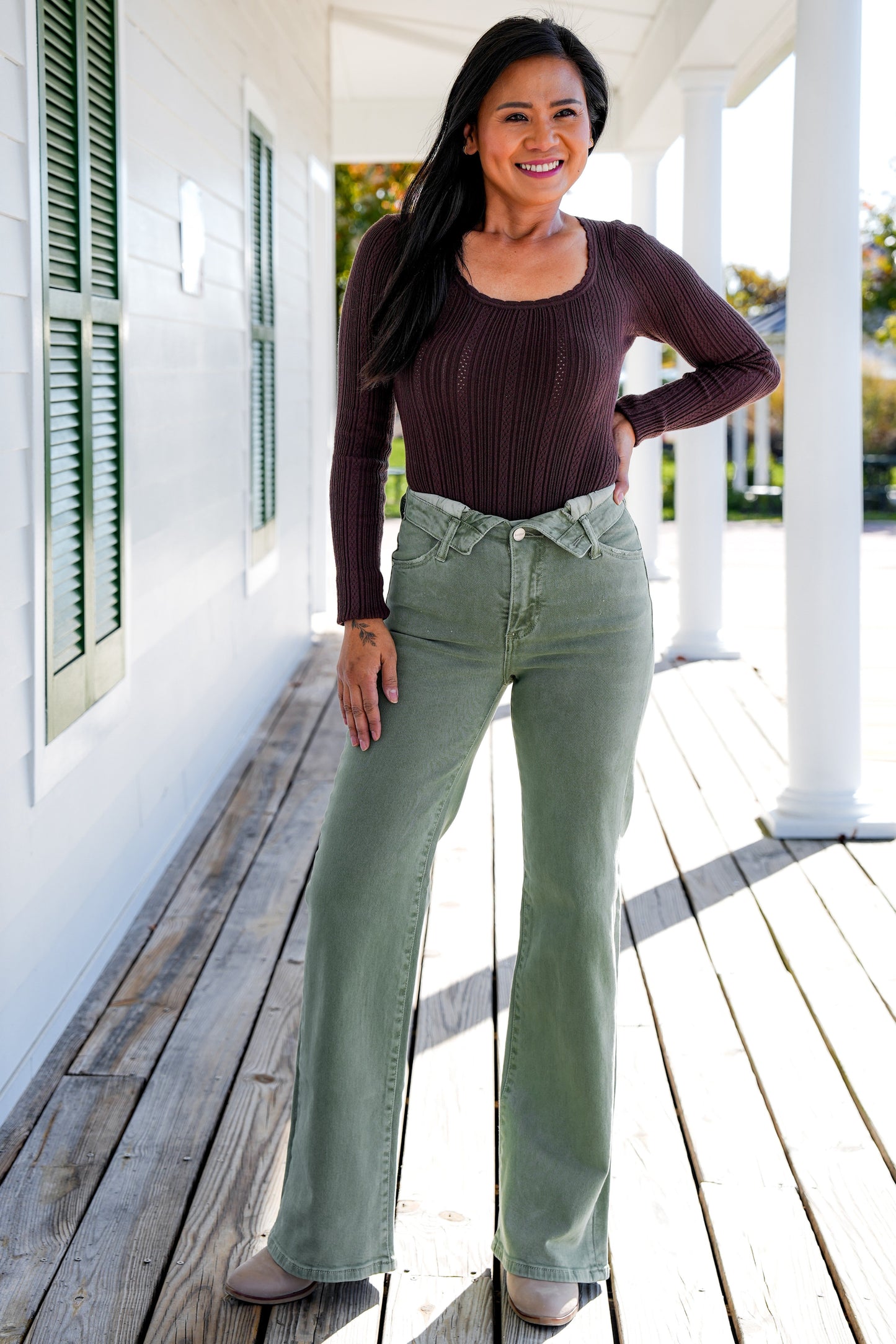 Risen Mid Rise Olive Flap Slim Wide Leg Jeans