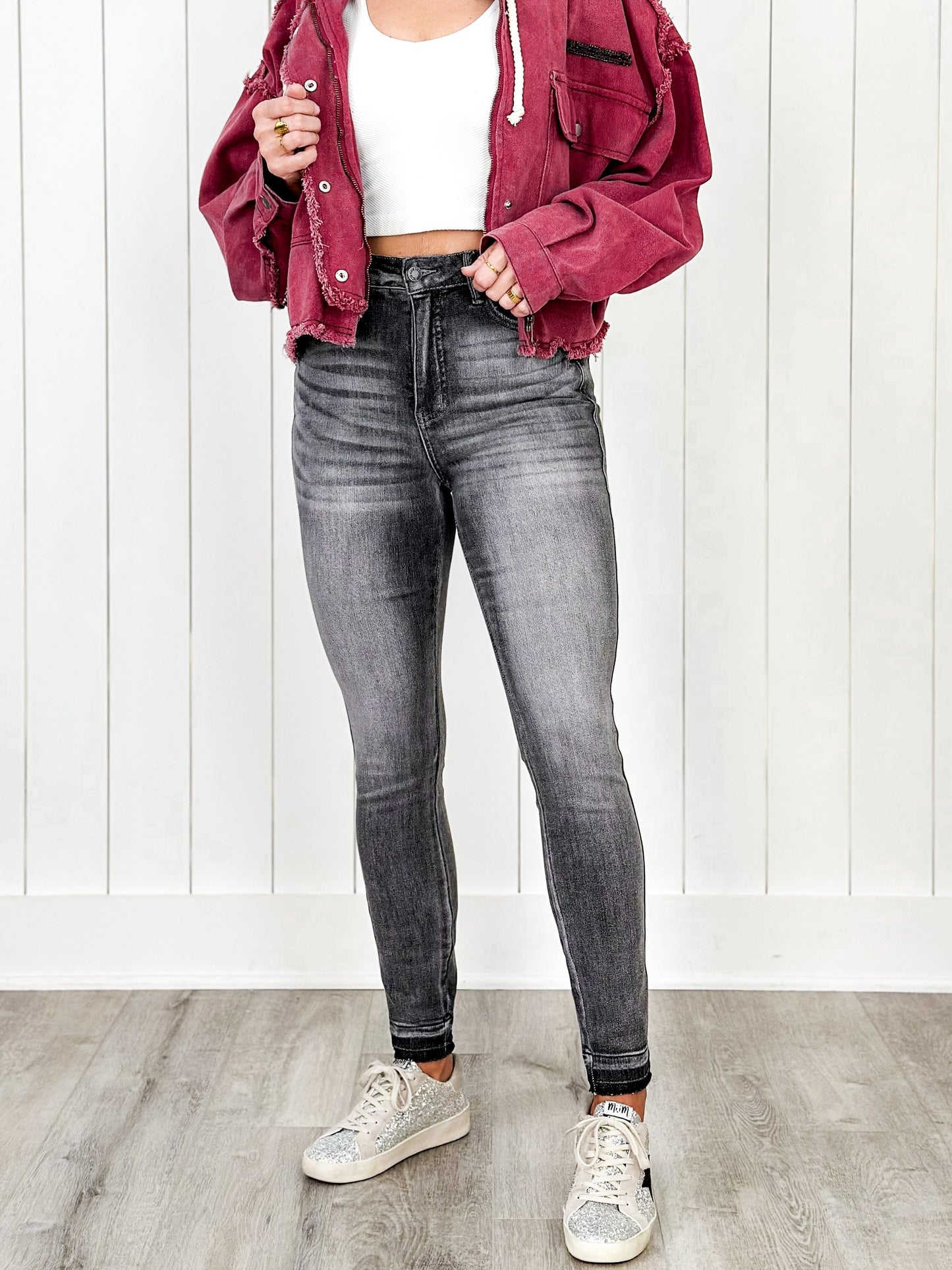 Judy Blue 50 Shades of Grey High Rise Grey Wash Tummy Control Skinny Jeans With Release Hem