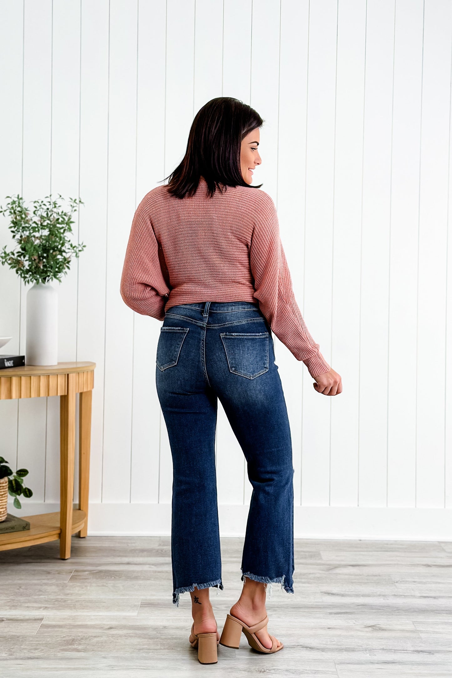 Risen High Rise Dark Wash Crop Step Chew Jeans