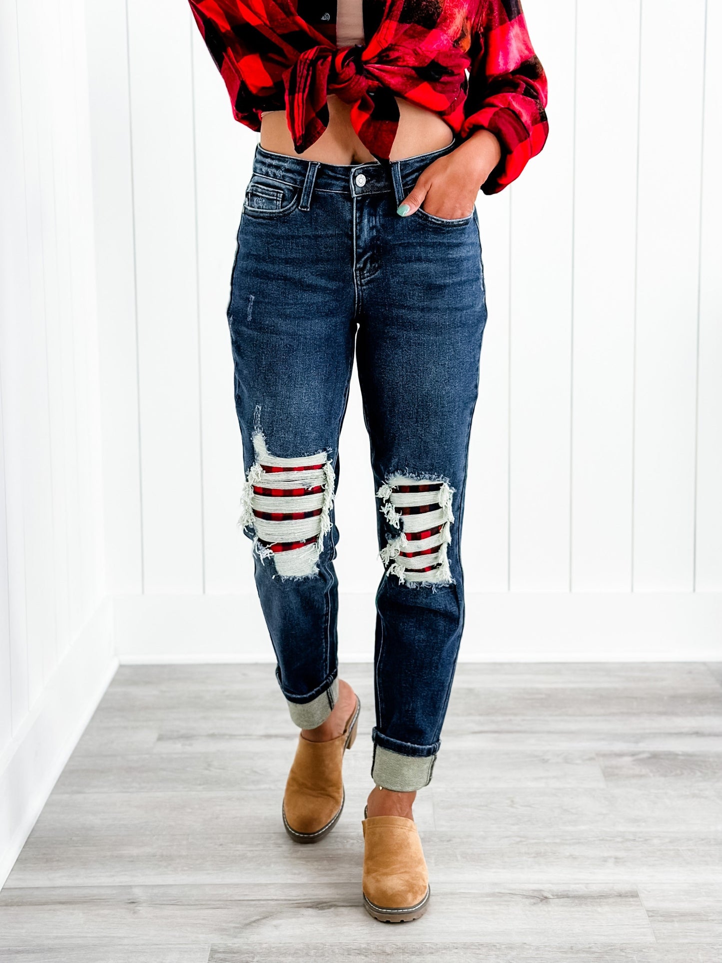 Judy Blue Warm and Cozy Mid Rise Dark Wash Boyfriend Buffalo Plaid Knee Destroy Patches With Cuff Jeans