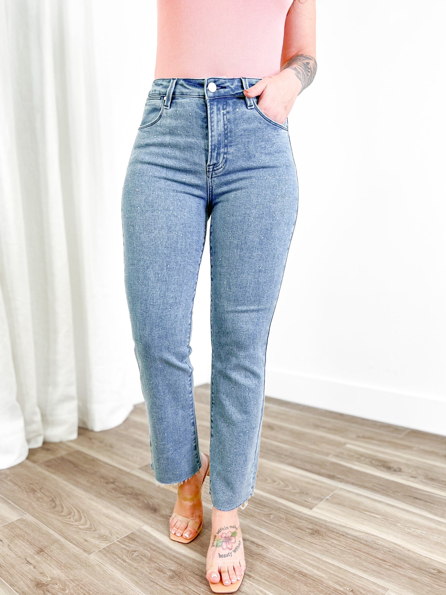 Risen Medium Wash High Rise Slim Straight Jeans With Rhinestones