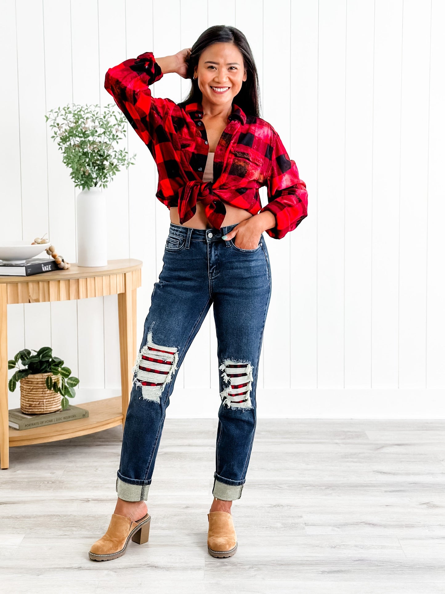Judy Blue Warm and Cozy Mid Rise Dark Wash Boyfriend Buffalo Plaid Knee Destroy Patches With Cuff Jeans
