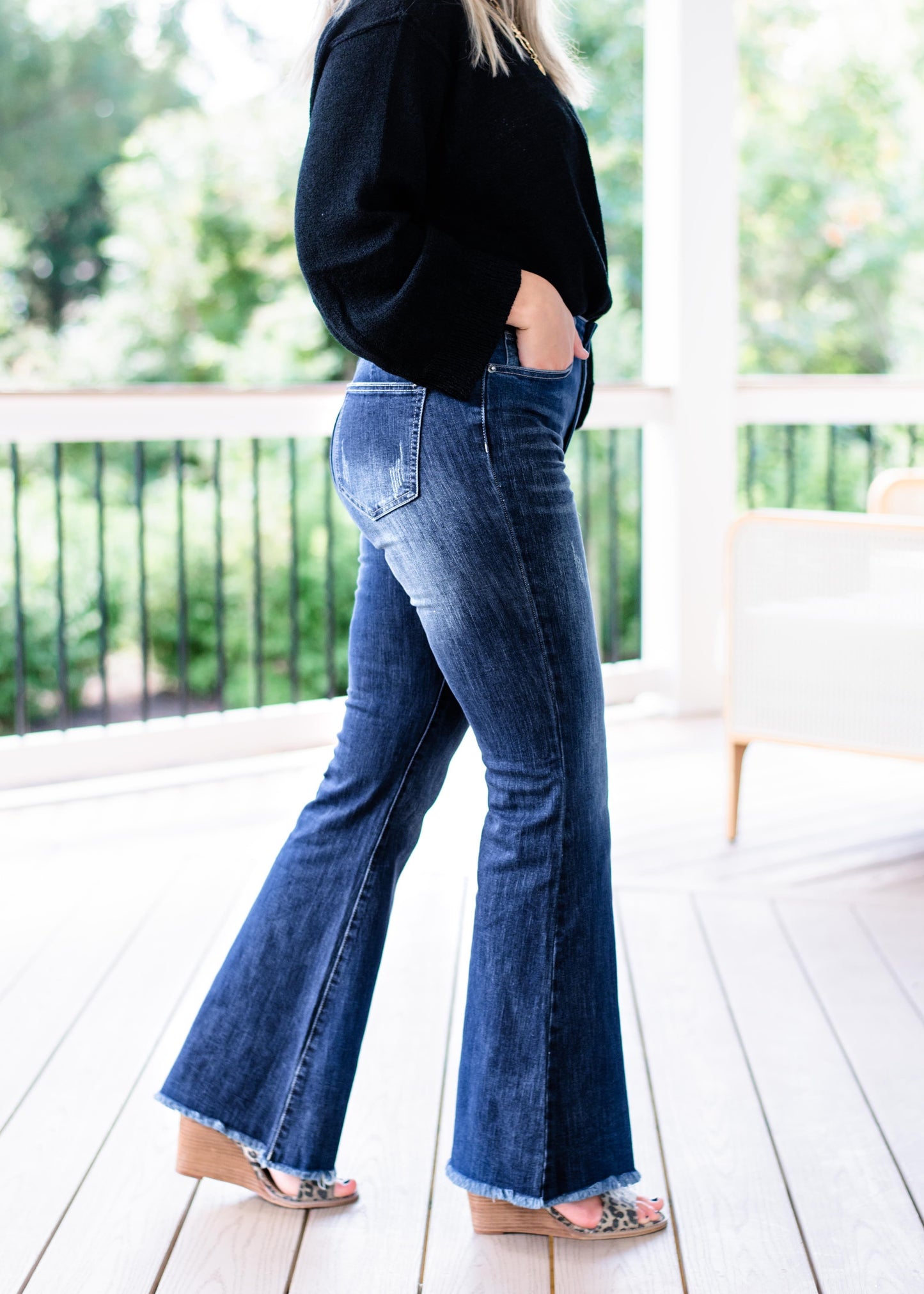 Risen Hot n Cold Vintage Dark Wash Frayed Hem Flare Jeans