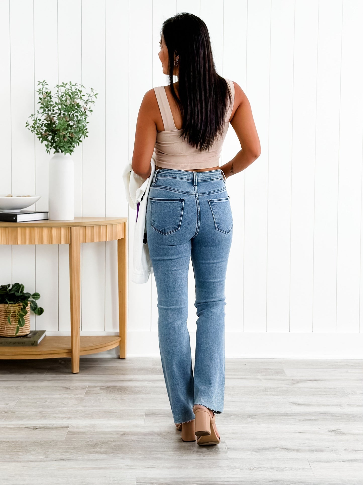 Risen Medium Wash High Rise Slim Straight Jeans With Rhinestones