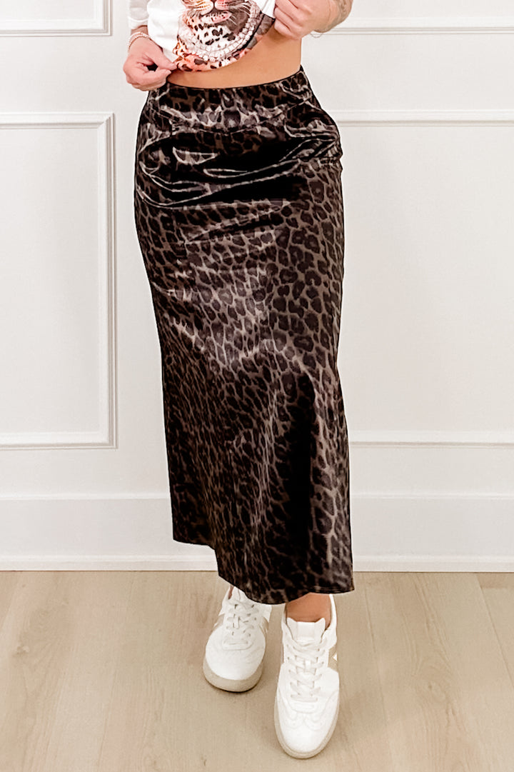 Leopard Print Satin Elastic Waist Midi Skirt