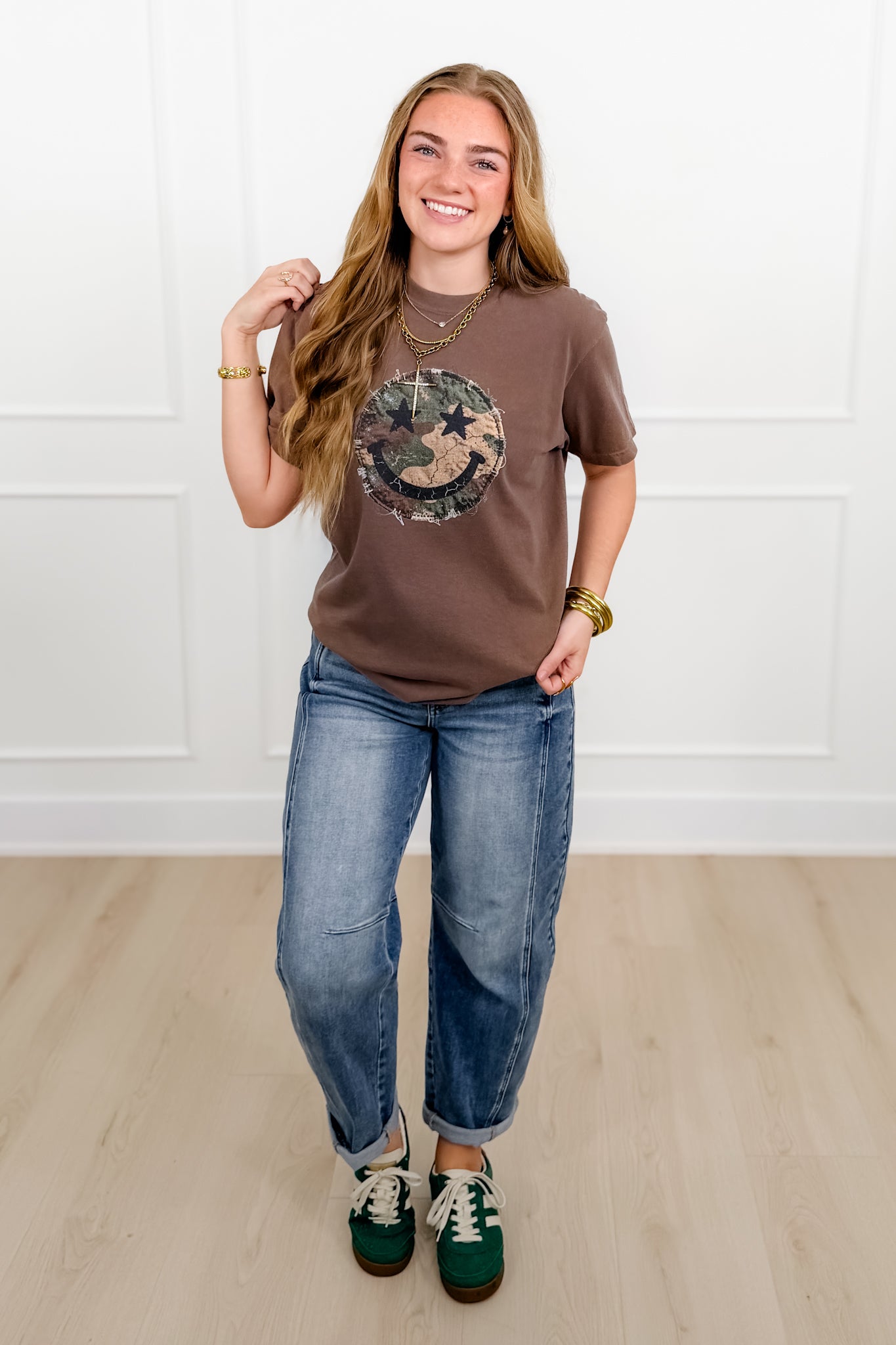 Plus/Reg Short Sleeve Camo Smiley Face Graphic Tee