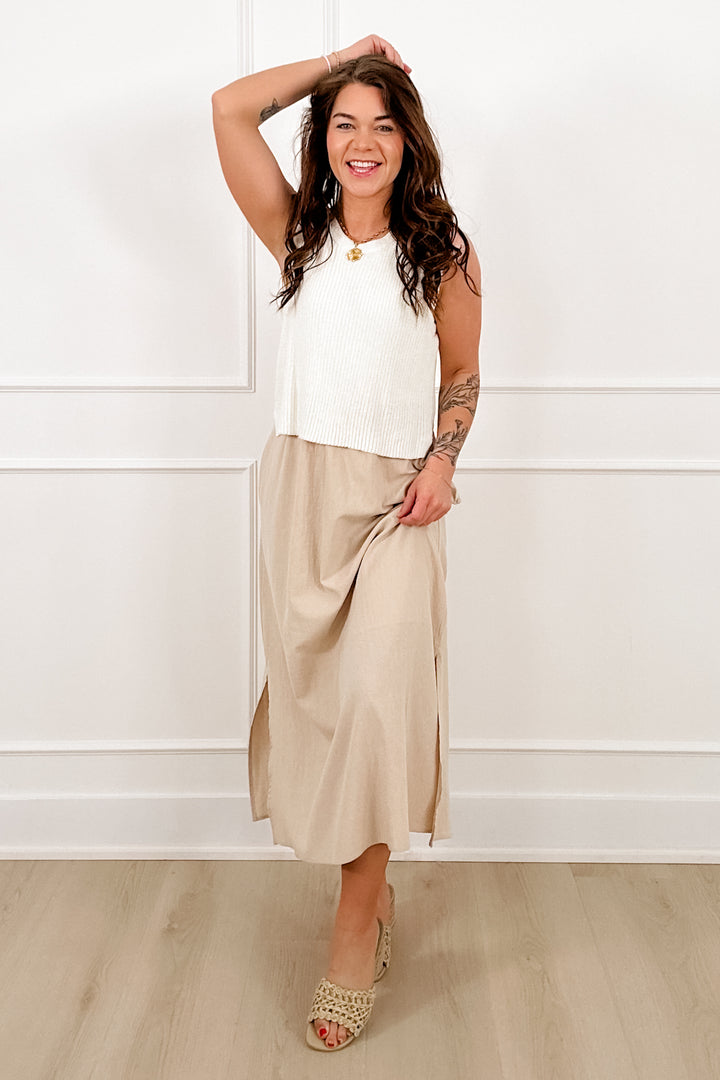 Sleeveless Layered Midi Dress with Knit Top